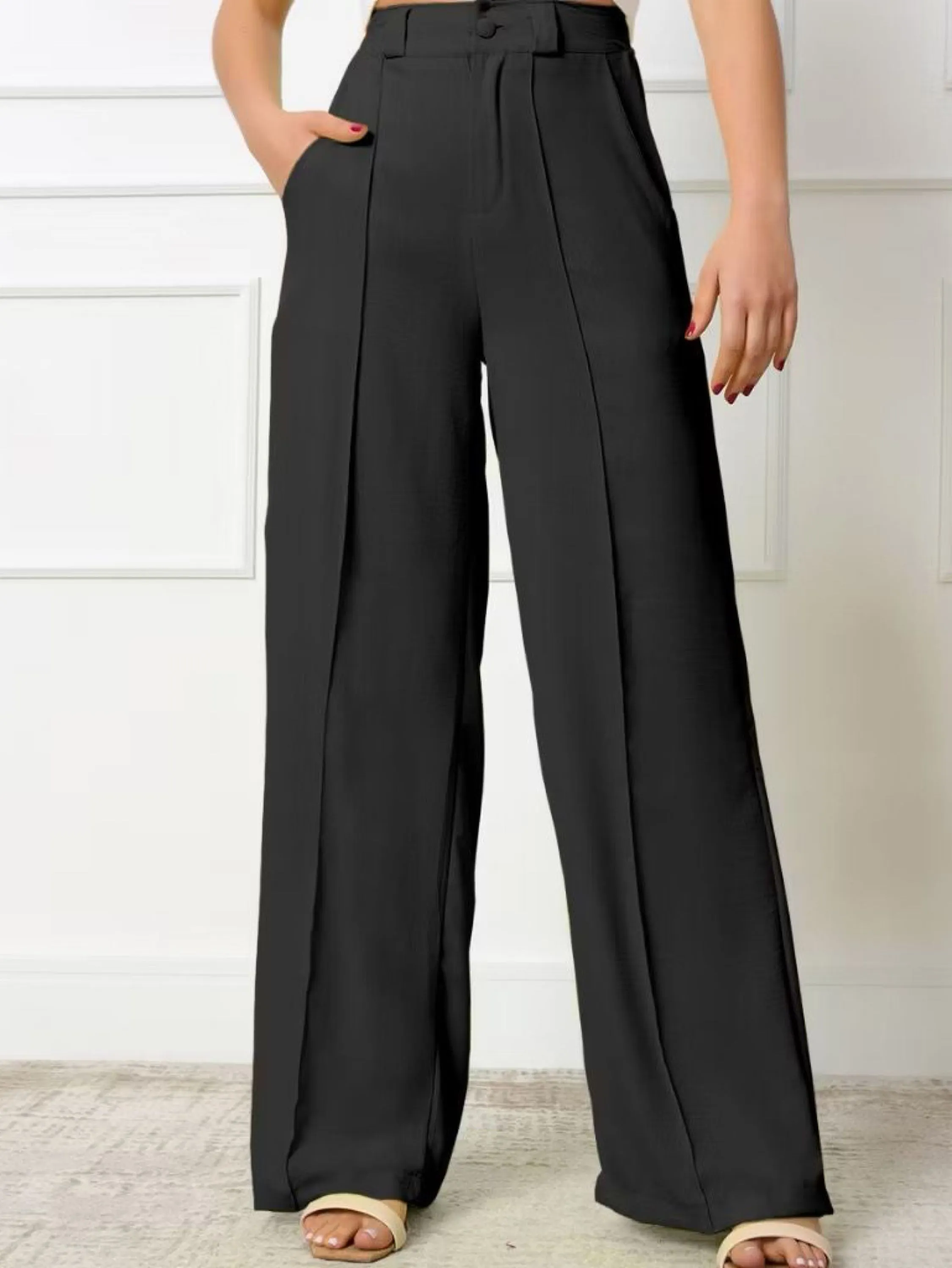 Calça Alfaiataria Feminina Pantalona Elegante Wide Leg Duna Com Forra Botão Fashion 2024