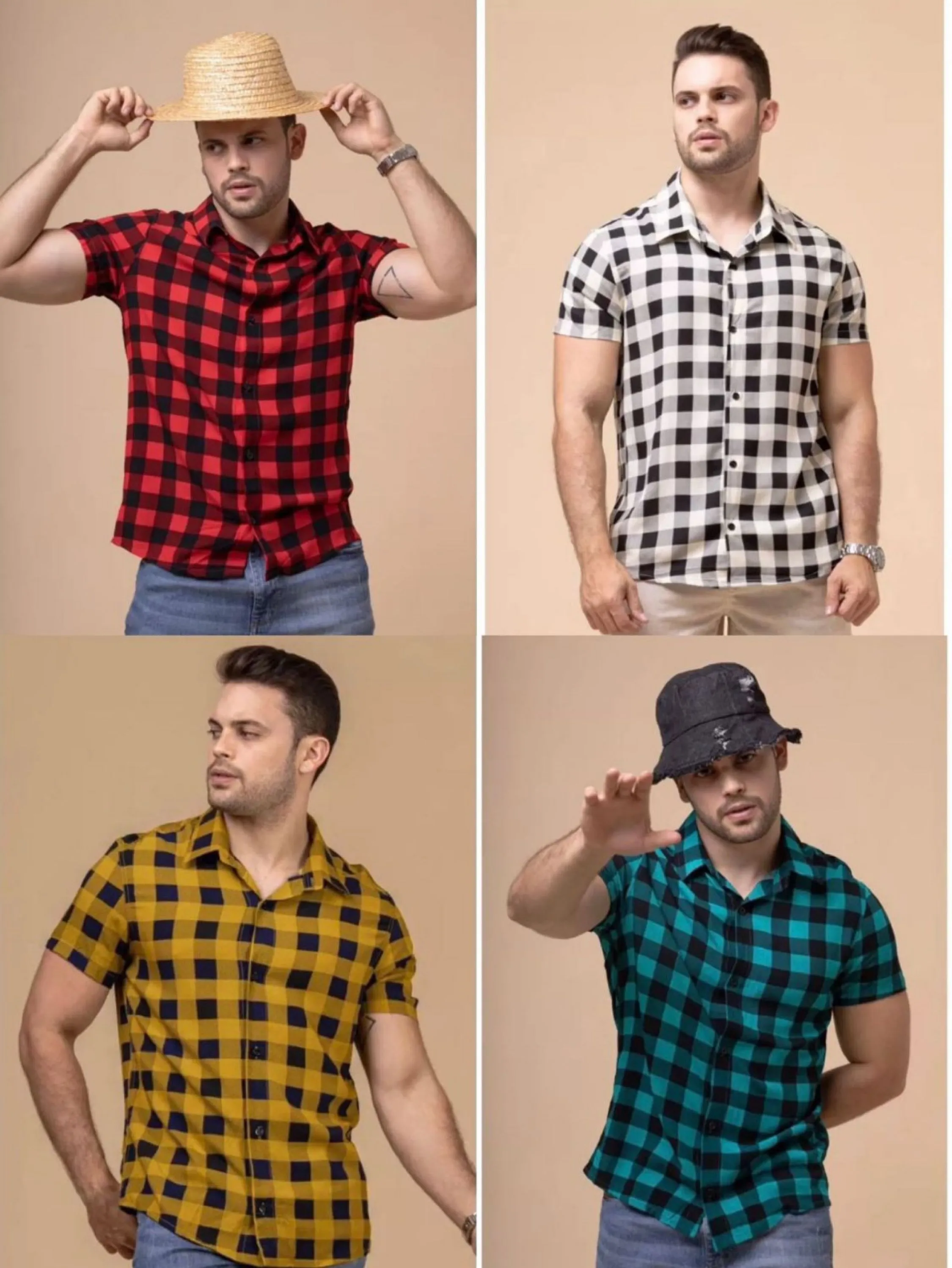 Camisa social estampada xadrez masculina manga curta festa junina