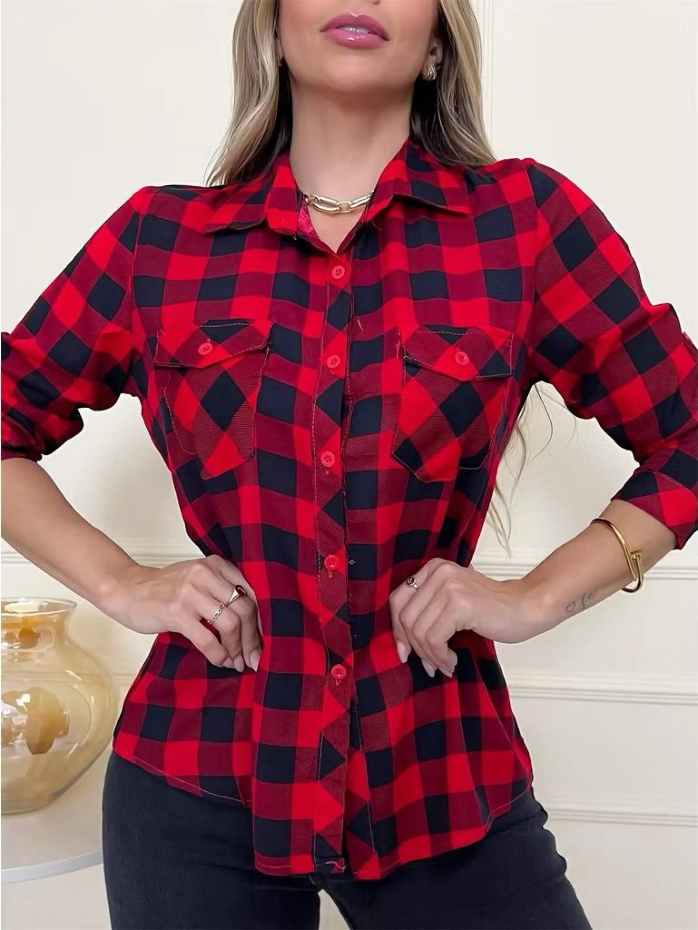Camisa feminina manga longa xadrez festa junina