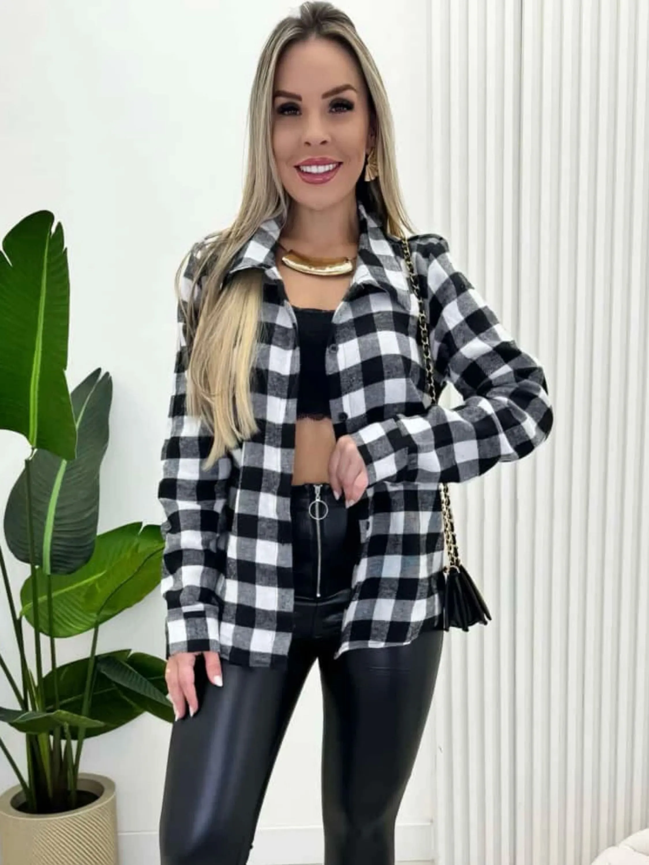 Camisa feminina flanela xadrez manga longa com botões festa inverno liquidação