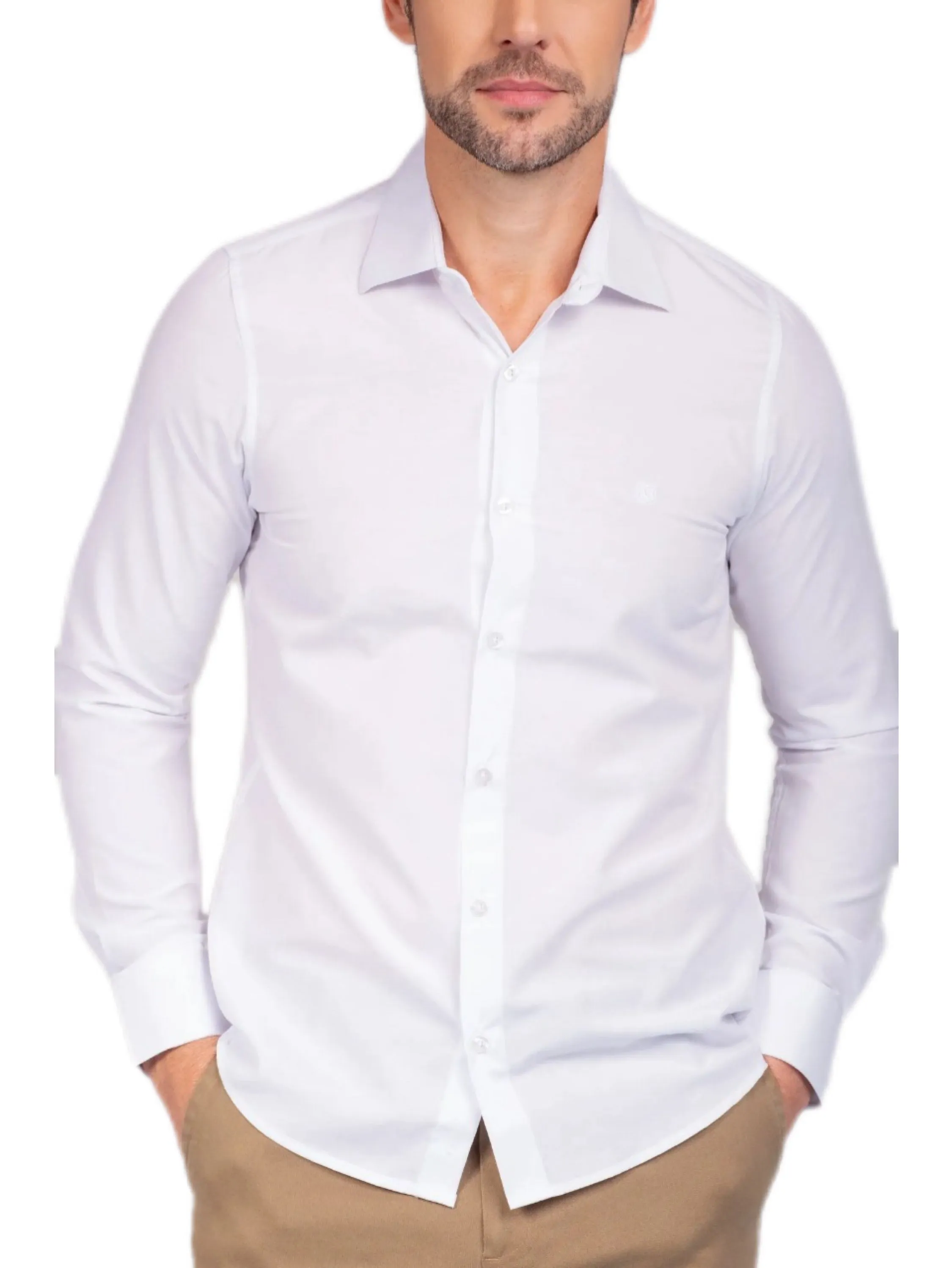 Camisa social masculina manga comprida slim fácil lisa