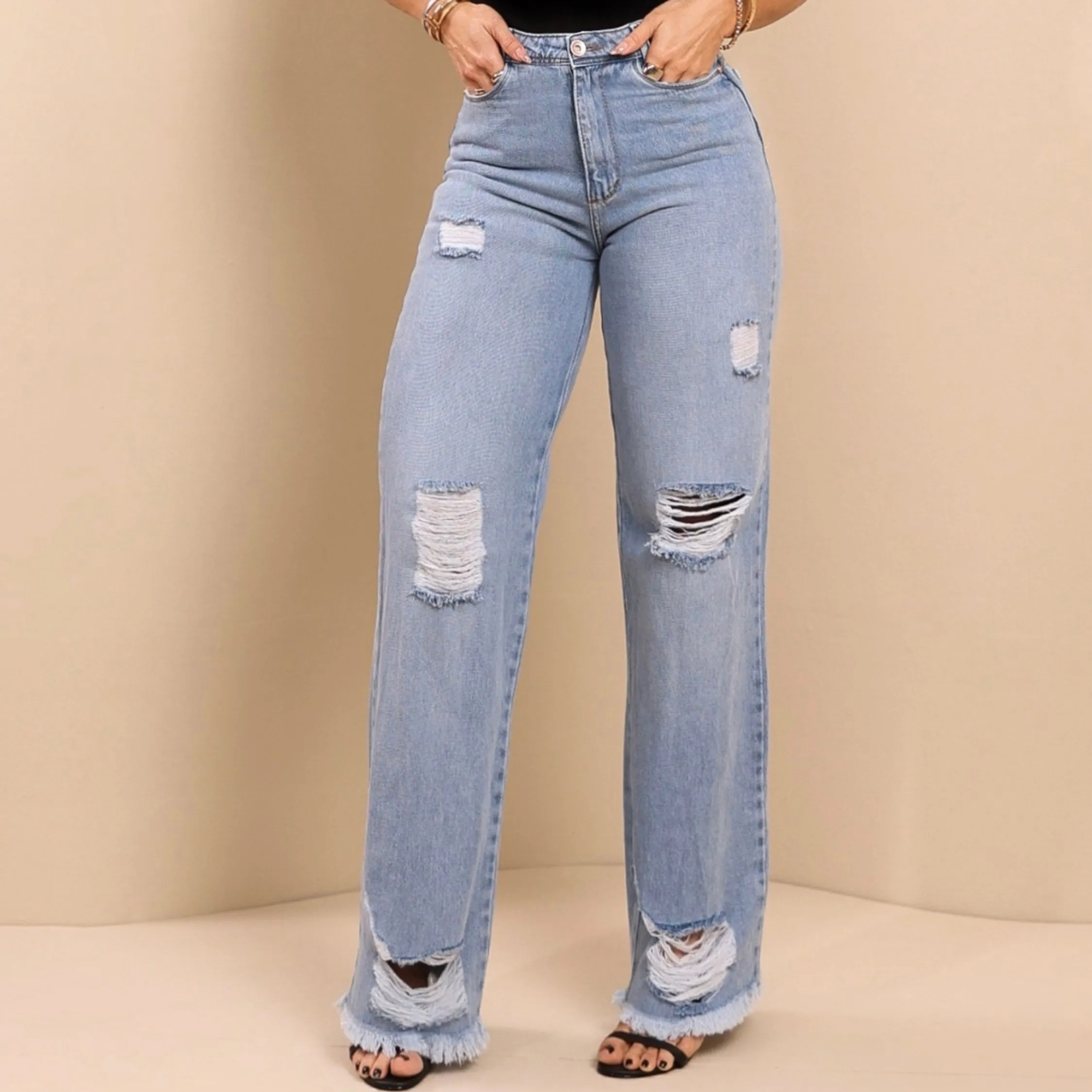 Calça Jeans Feminina Wide Leg Detalhe Destroyde