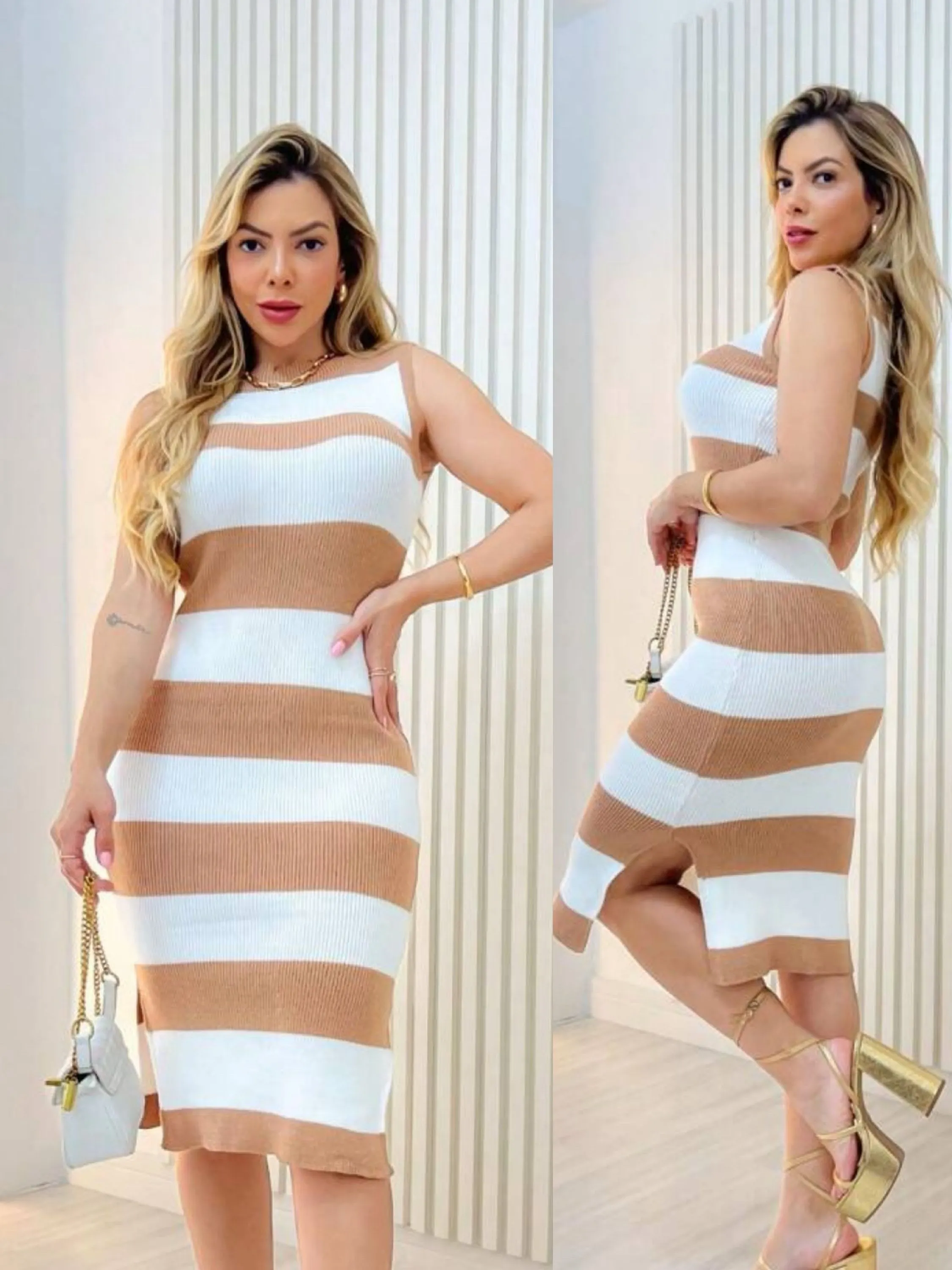 Vestido modal listrado com fenda lançamento