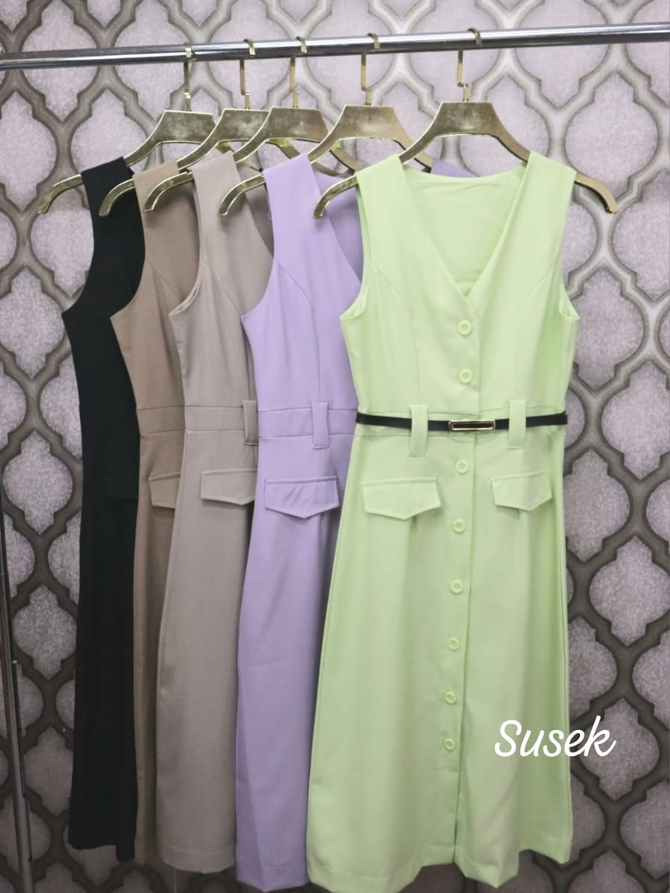 Susek Modas Vestido Chemise Alfaiataria Gabardine Midi Botões Frontais 195