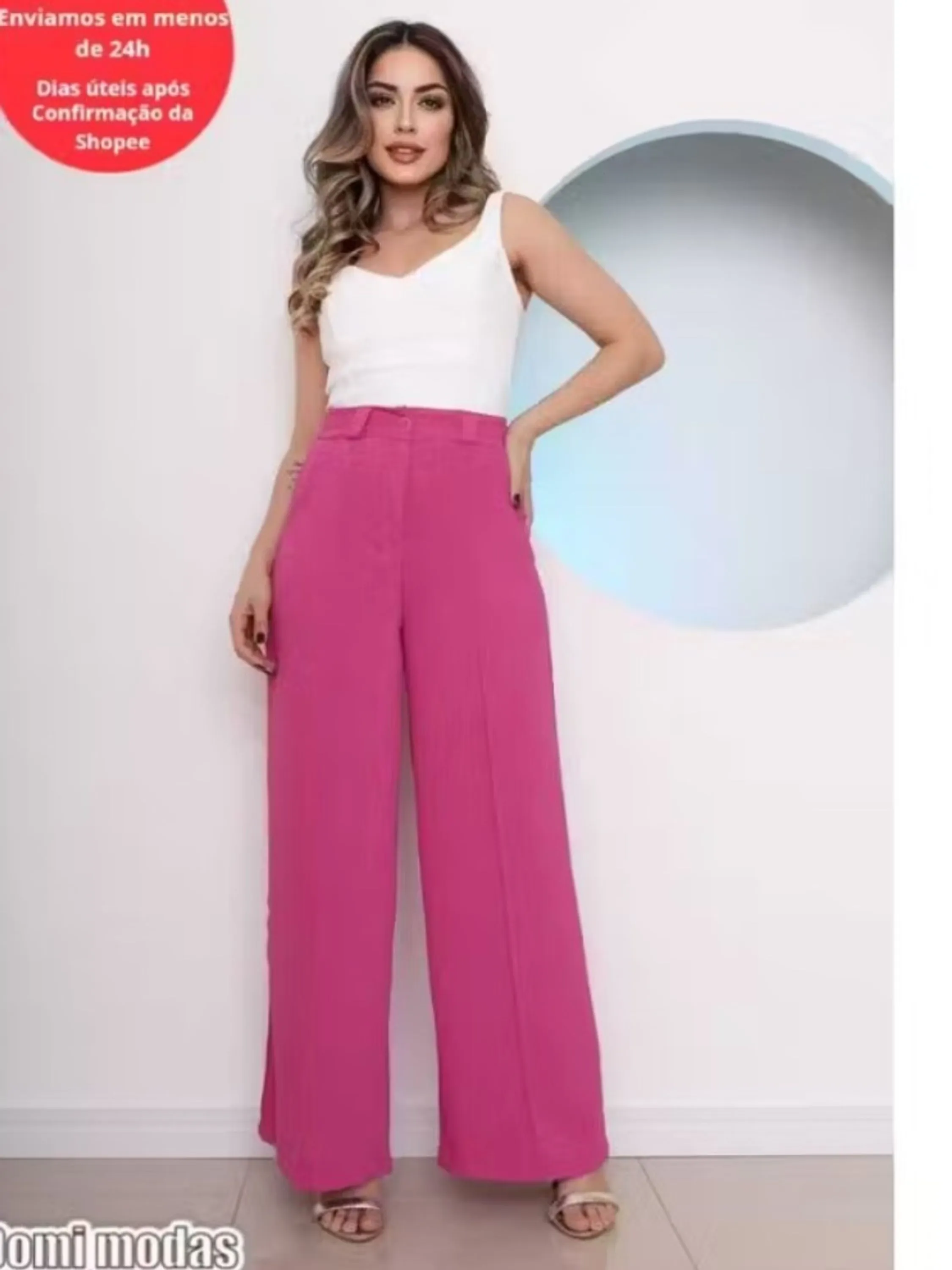 Susek Modas Calça Feminina Pantalona Duna Com Botão Wide Leg Elástico Atrás 8400