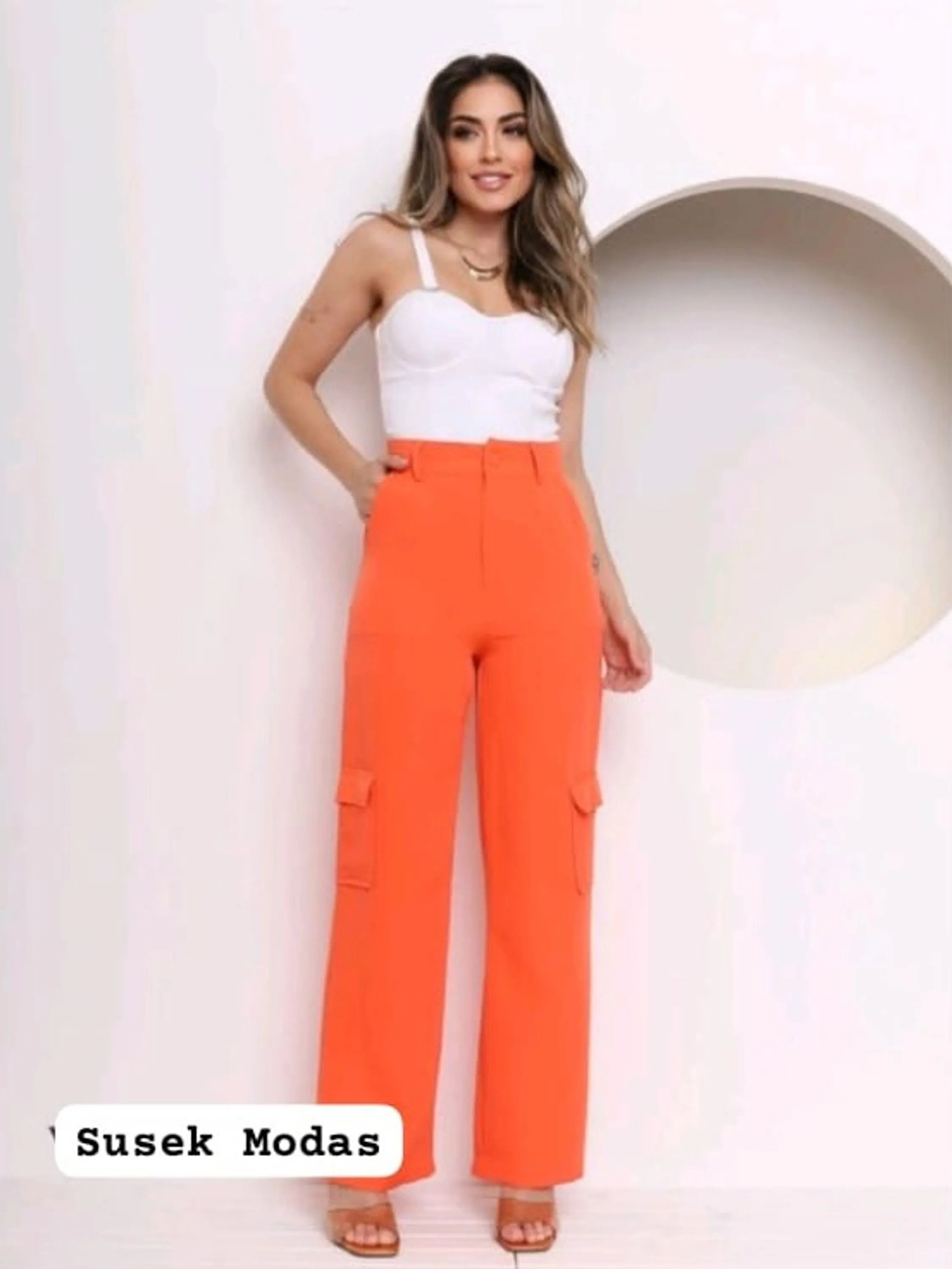 Susek Modas Calça Feminina cargo Flare Calça bolso Lateral Pantalona Alfaiataria 101
