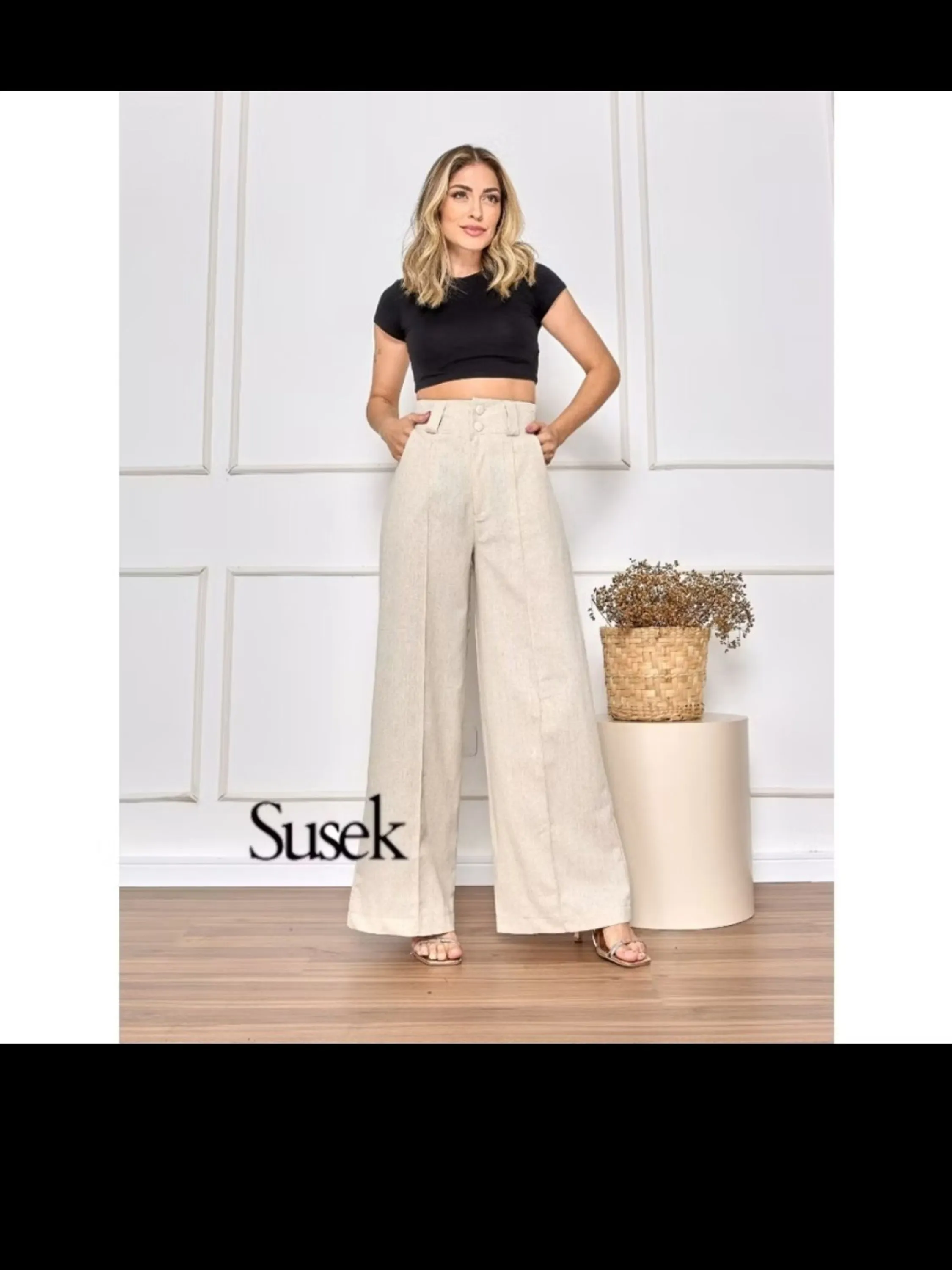 Susek Modas Calça Feminina Pantalona Wide Leg Linho com Botão Tendencia 2024 L8406