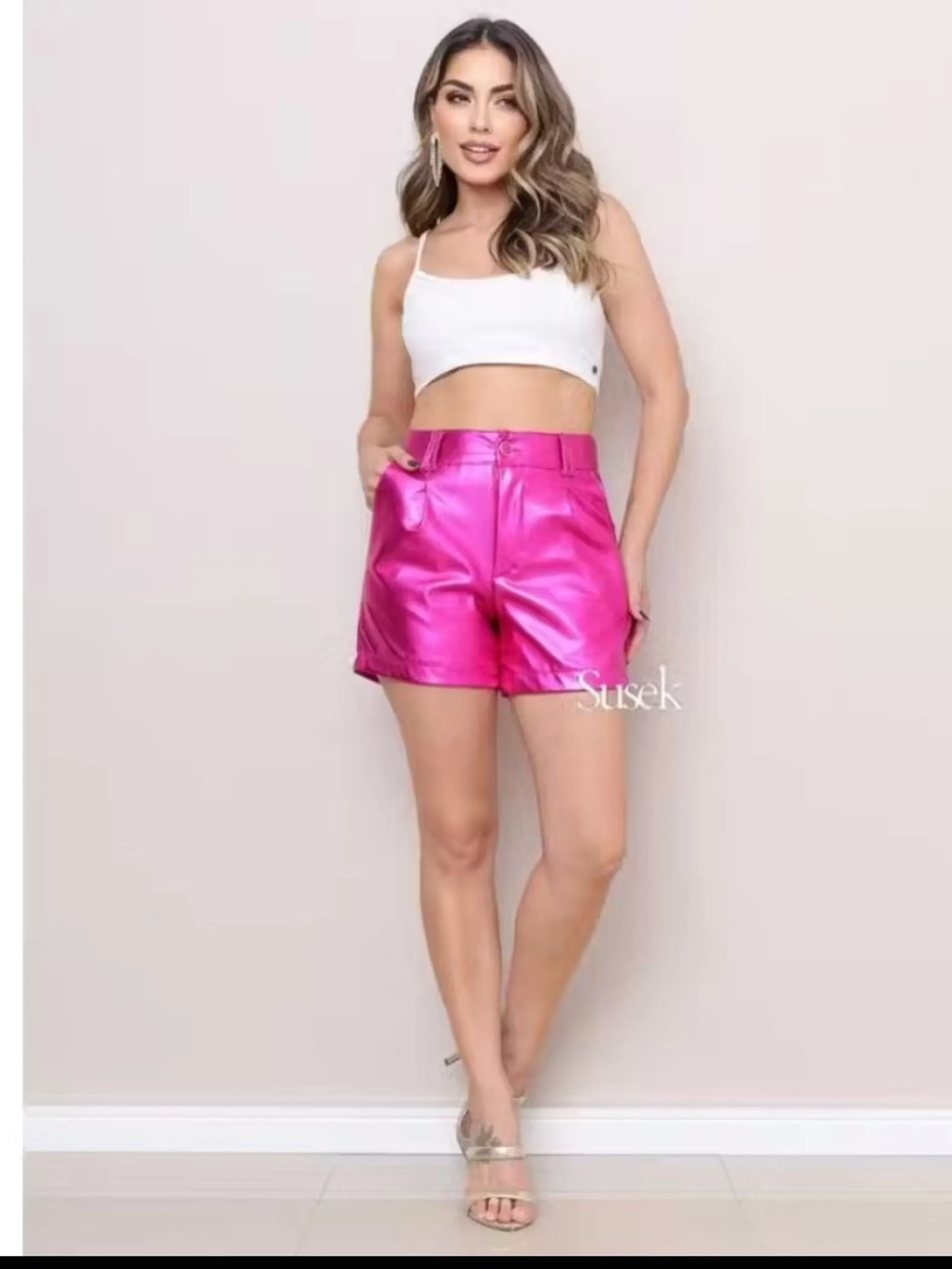 Susek modas Short metalizado elegancia veste Bem Maravilhosa 33