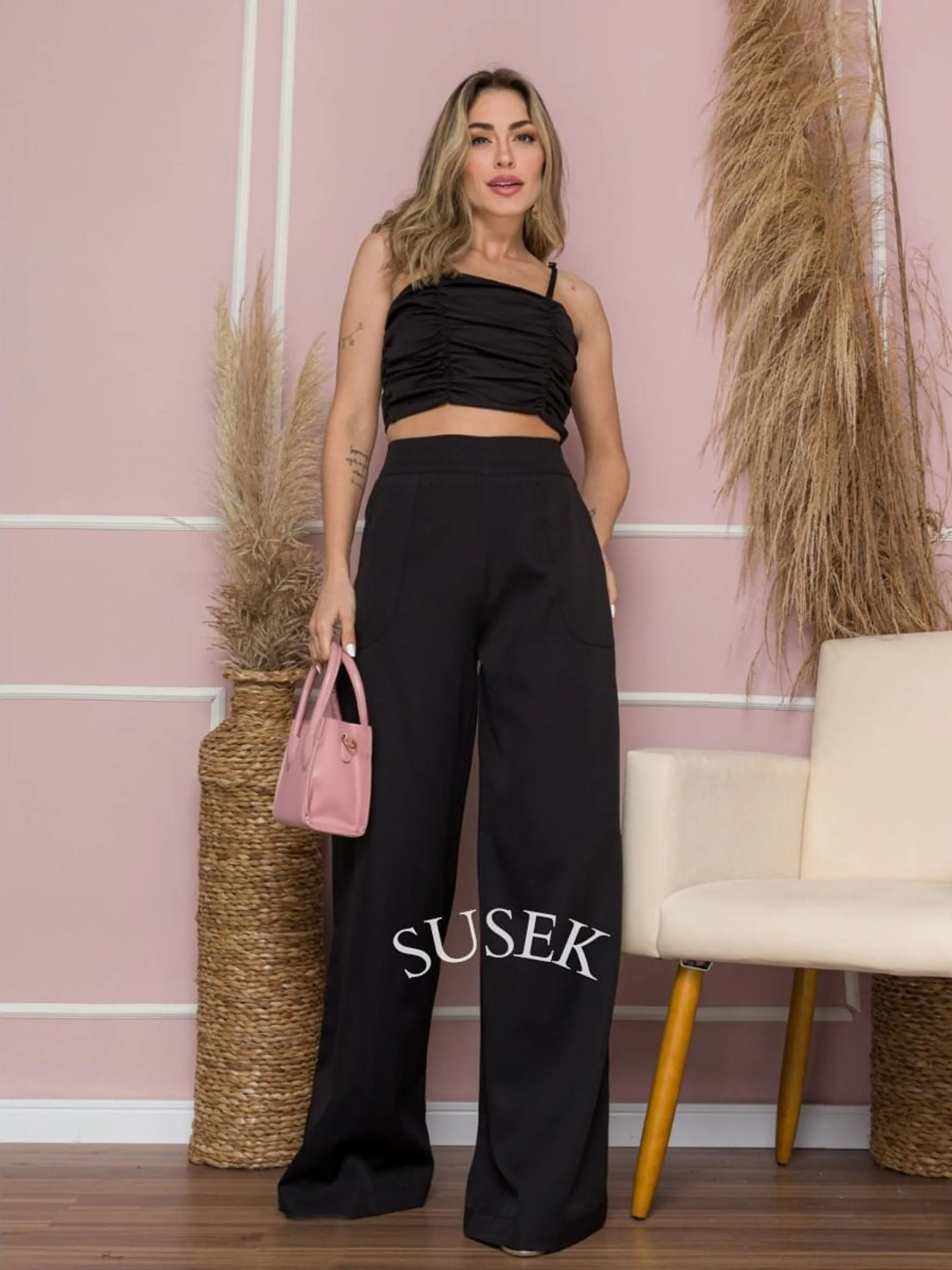 Susek Modas Conjunto Alfaiataria Calça e Cropped 6417

