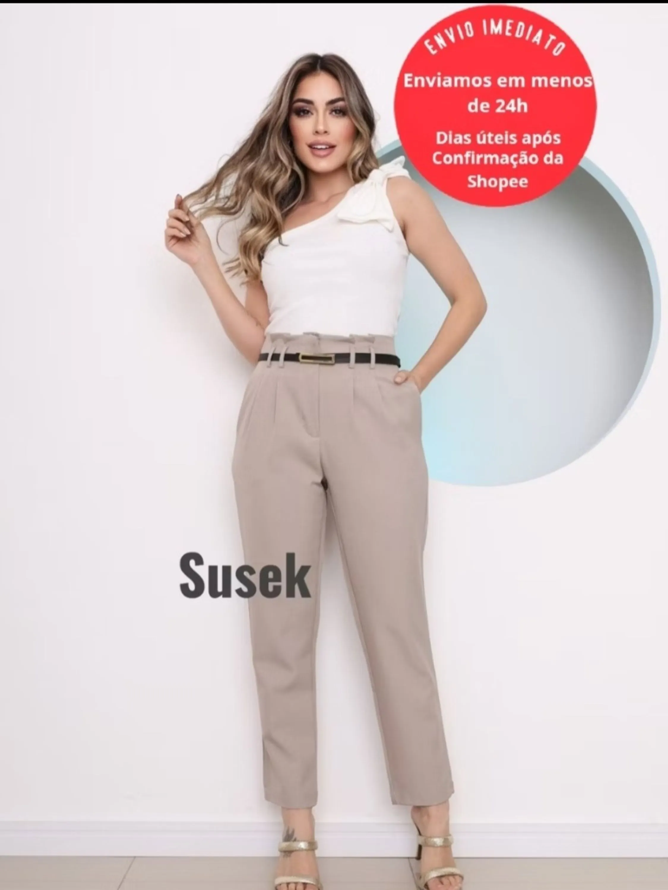 Susek Modas Calça Social Feminina Alfaiataria Gabardine Wide Leg Cigarette Lançamento G177