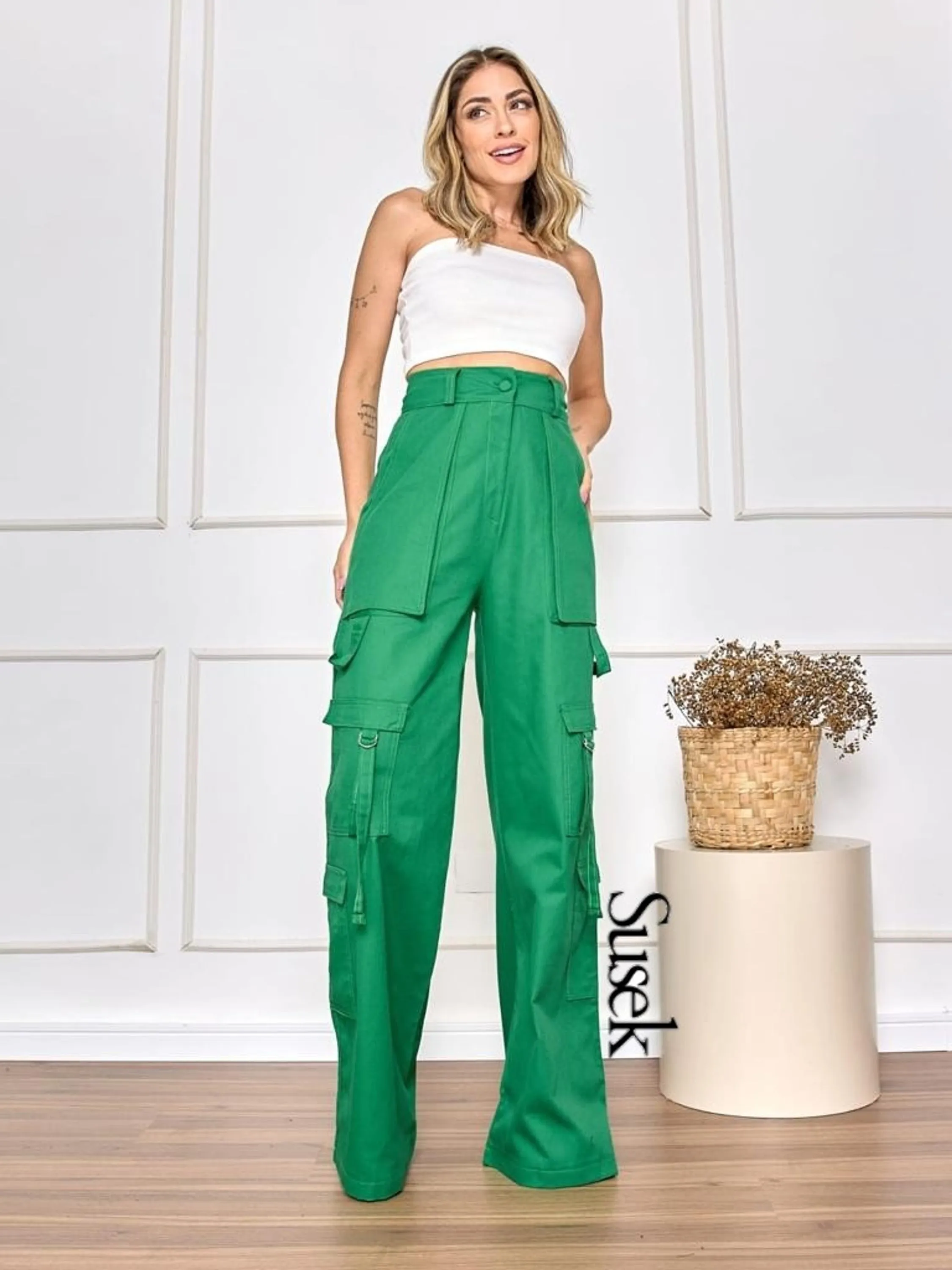 Susek Modas Calça Cargo Wide Leg Sarja 8505
