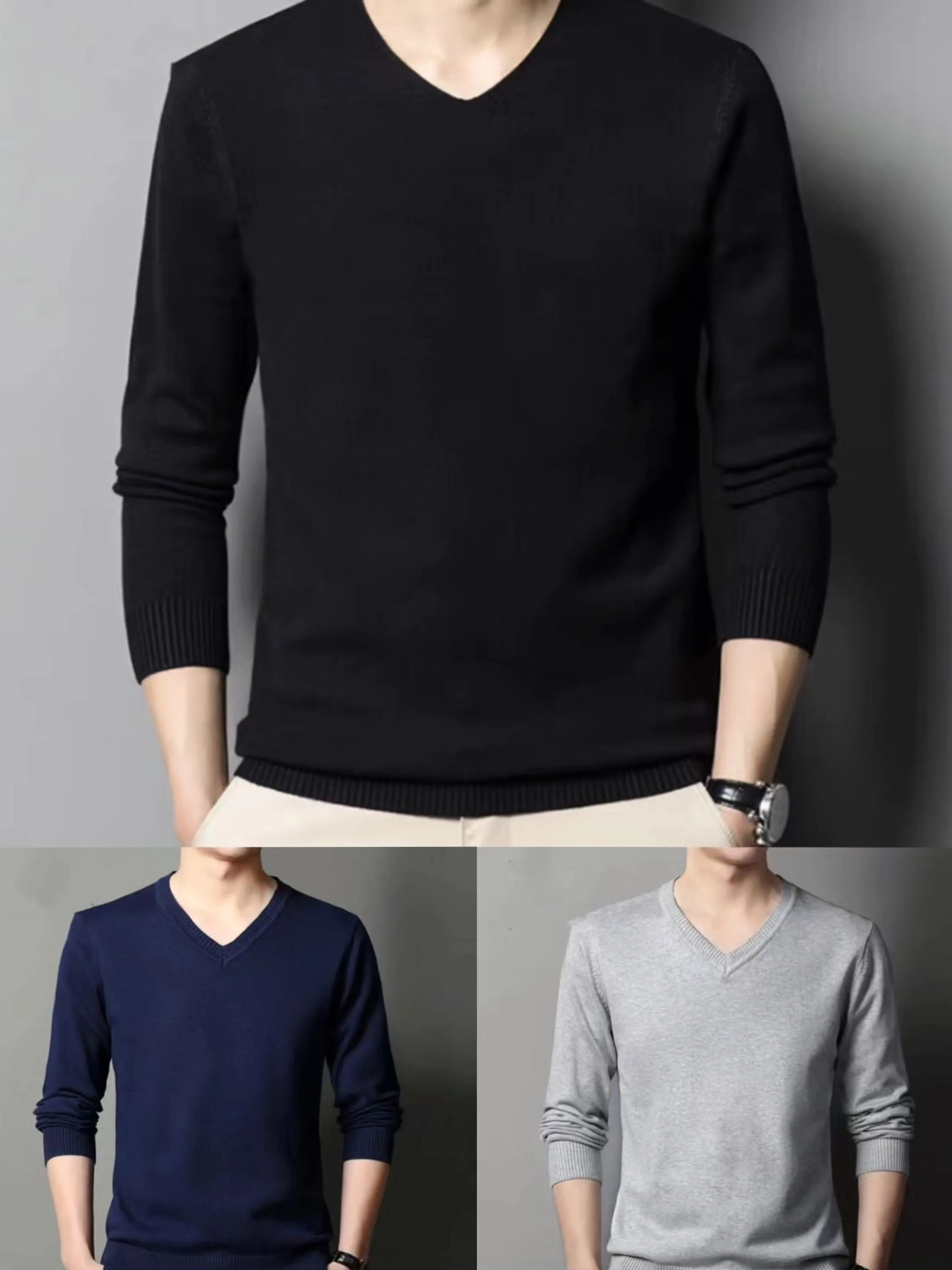 Blusa masculina de tricot sueter。 Tricotado com Gola V em Modelagem Slim e Cor Lisa Masculino Linha Outono/Inverno。