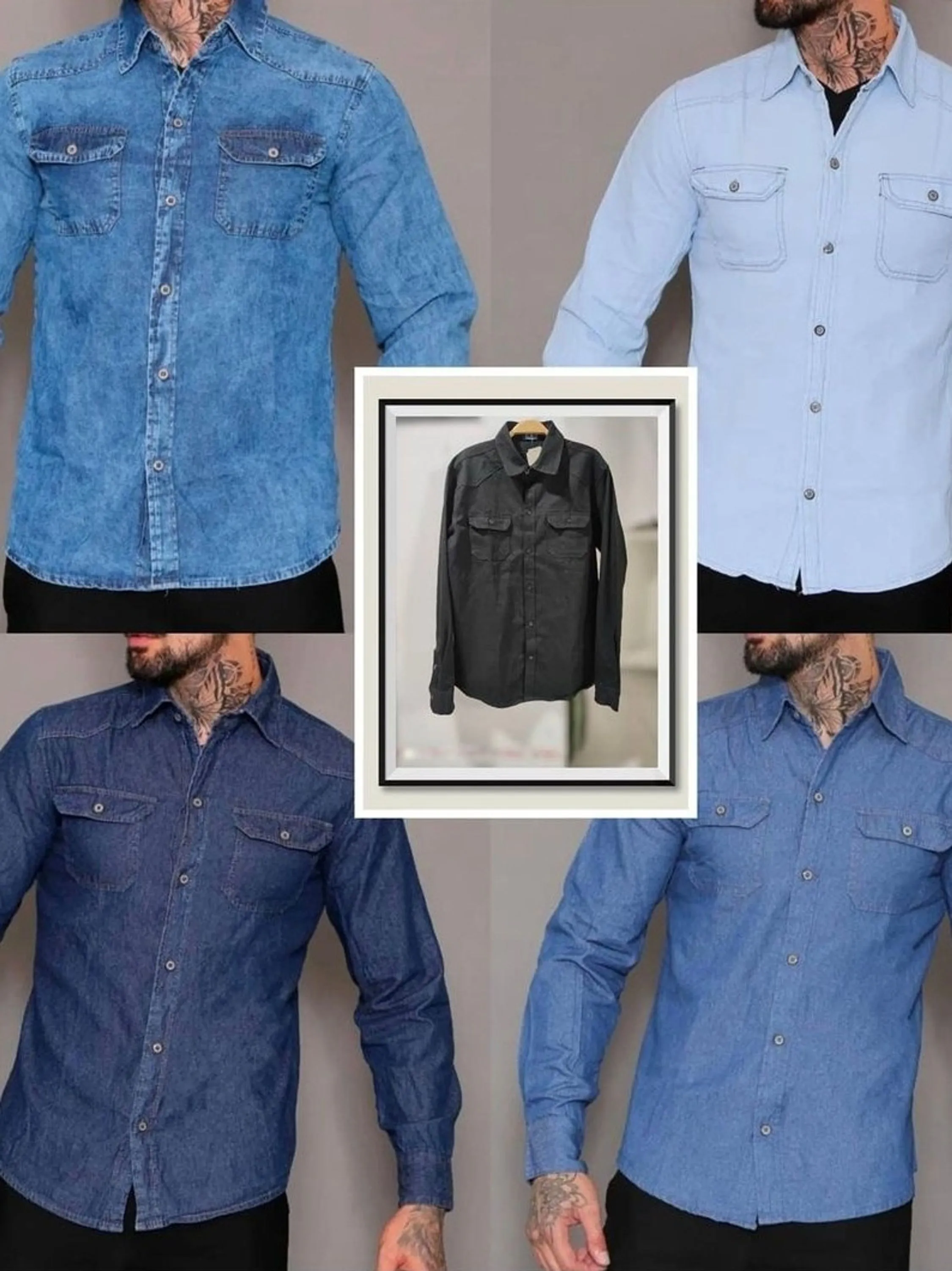 Camisa Social Masculina Jeans Manga Longa Com Bolso