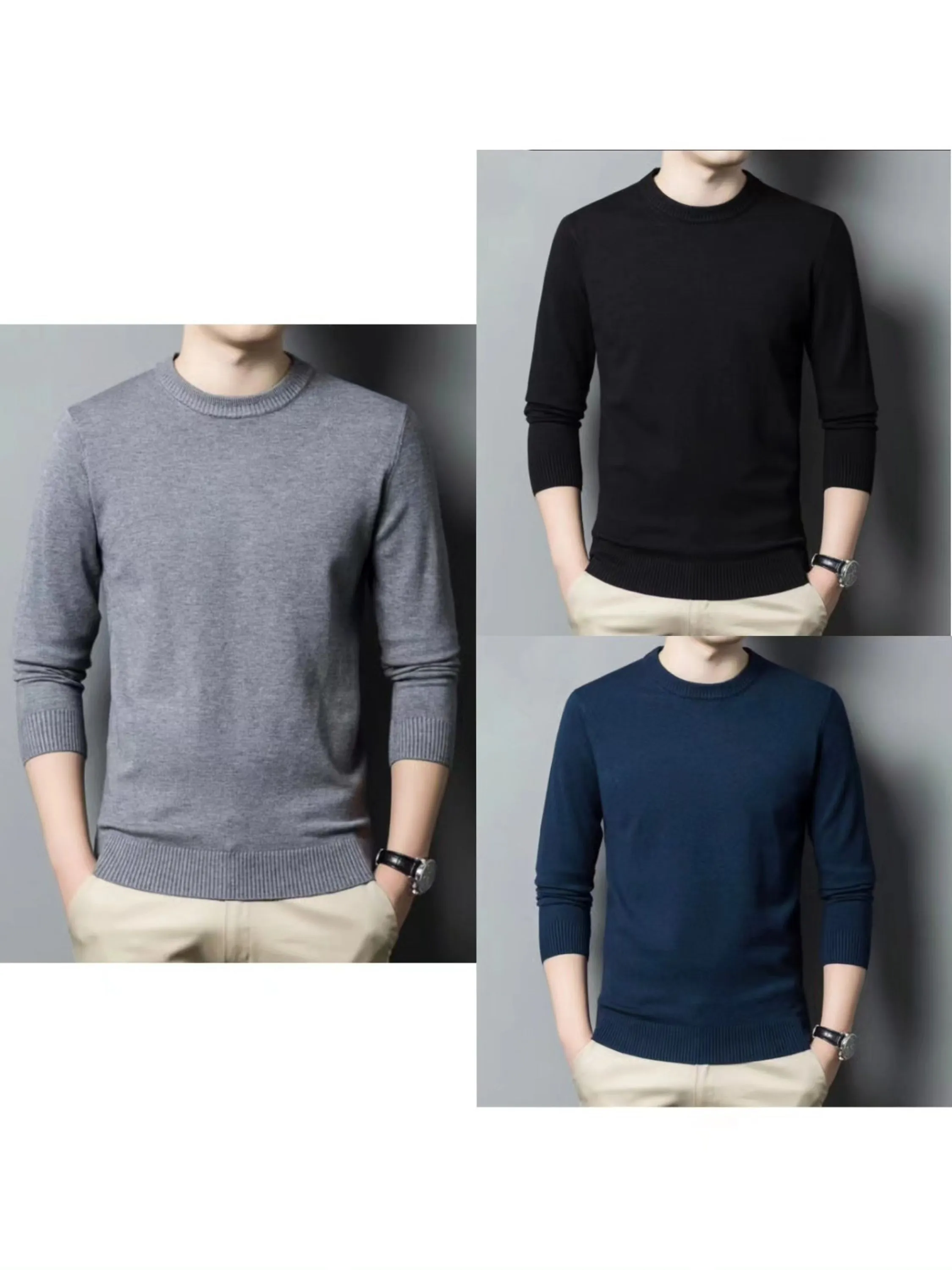 Blusa masculina de tricot sueter Gola Redonda Jacquard Listra Roupa De Frio Outono/Inverno