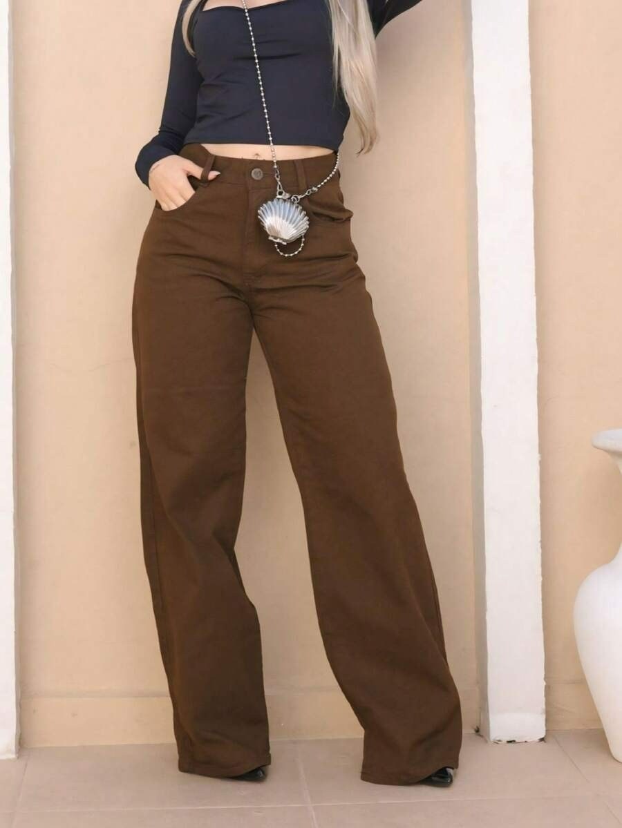 Calça jeans feminina pantalona marrom 🤎