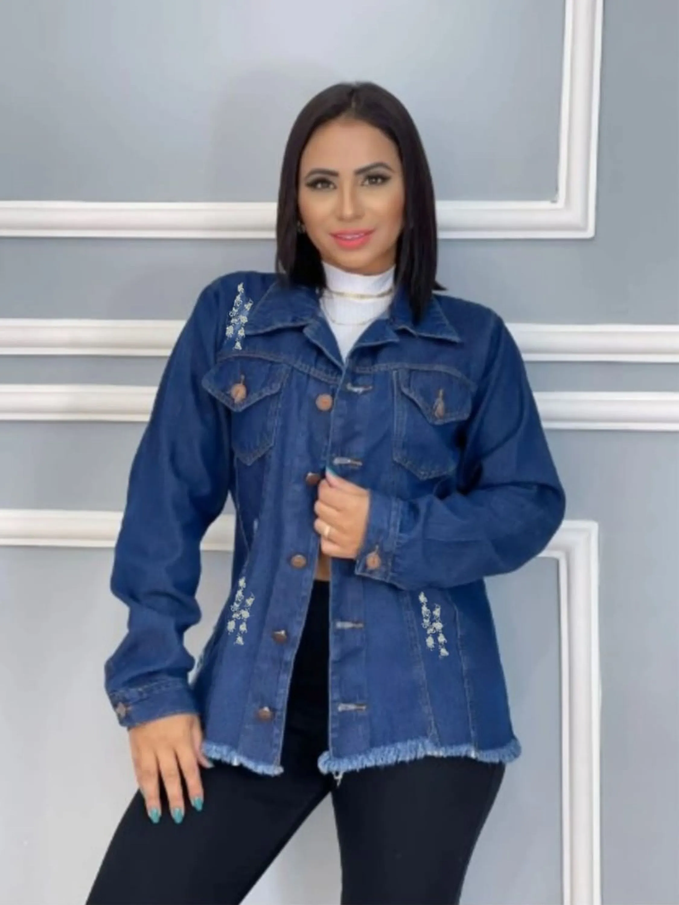 Jaqueta max feminina lavagem escuro rasgada