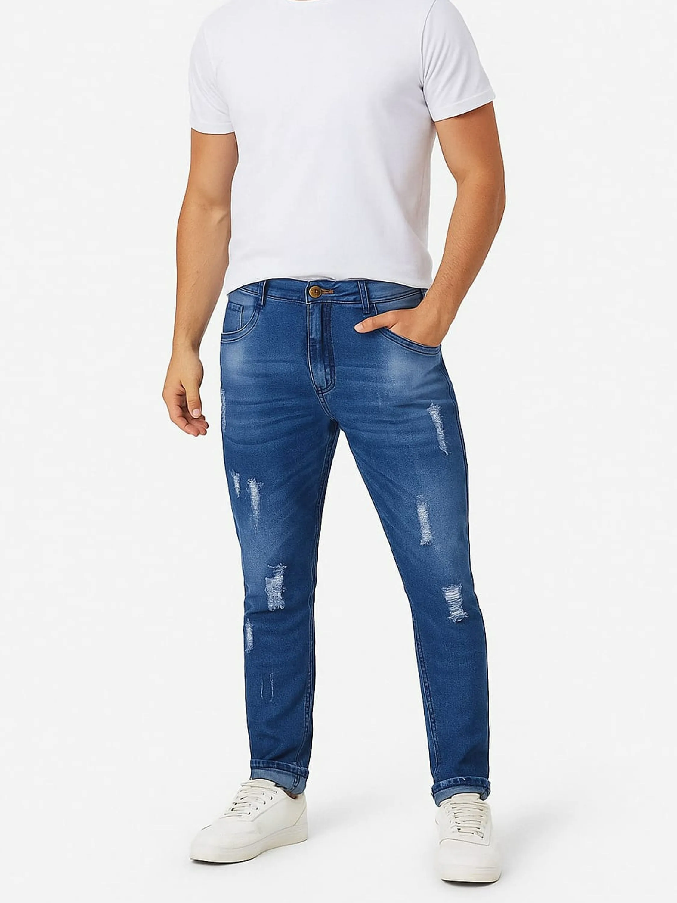 Calça Jeans Masculina Jogador Rasgada Lavagem Media