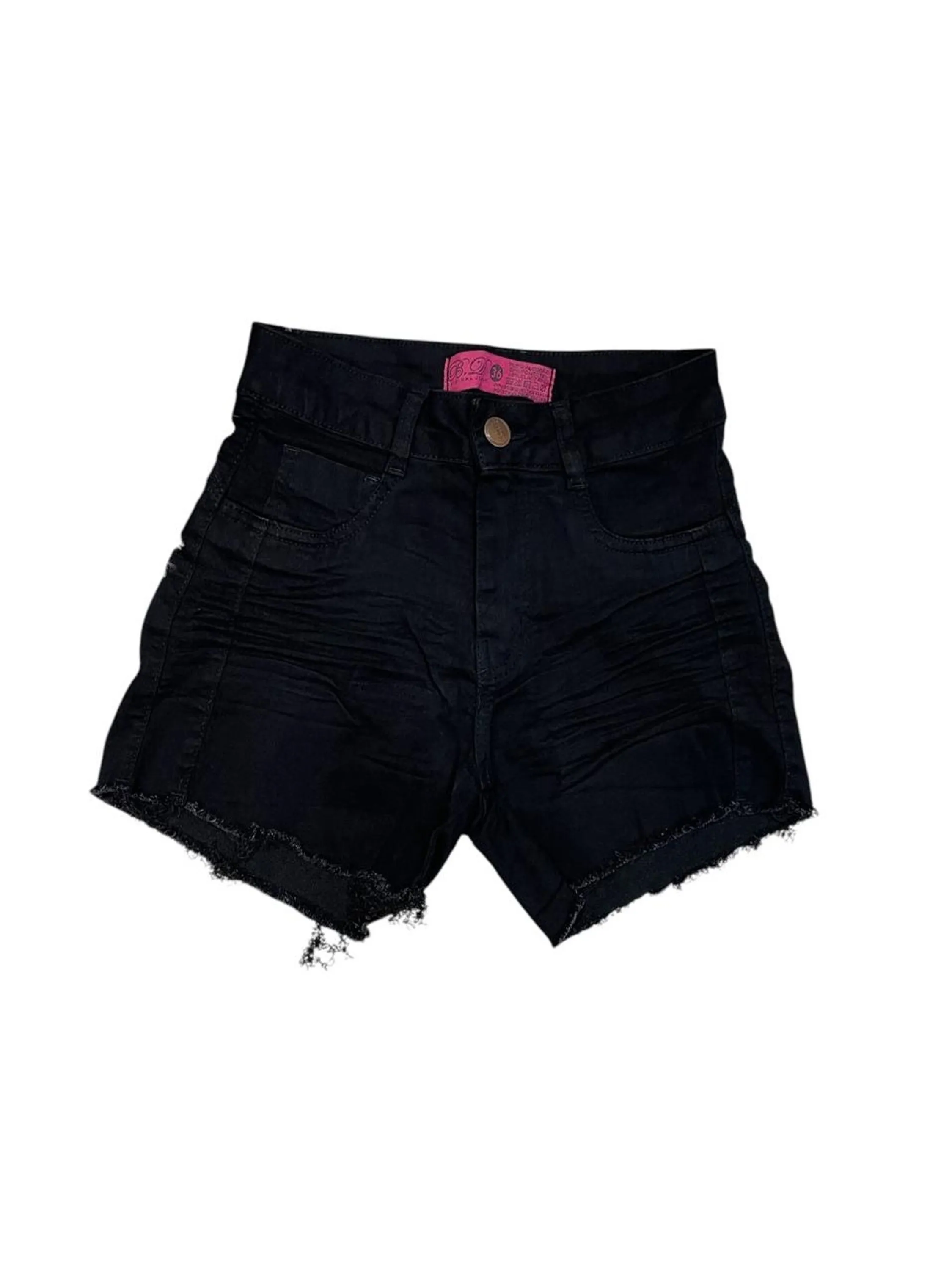 shorts jeans feminino modelo curto cor preta com elastano barra desfiada