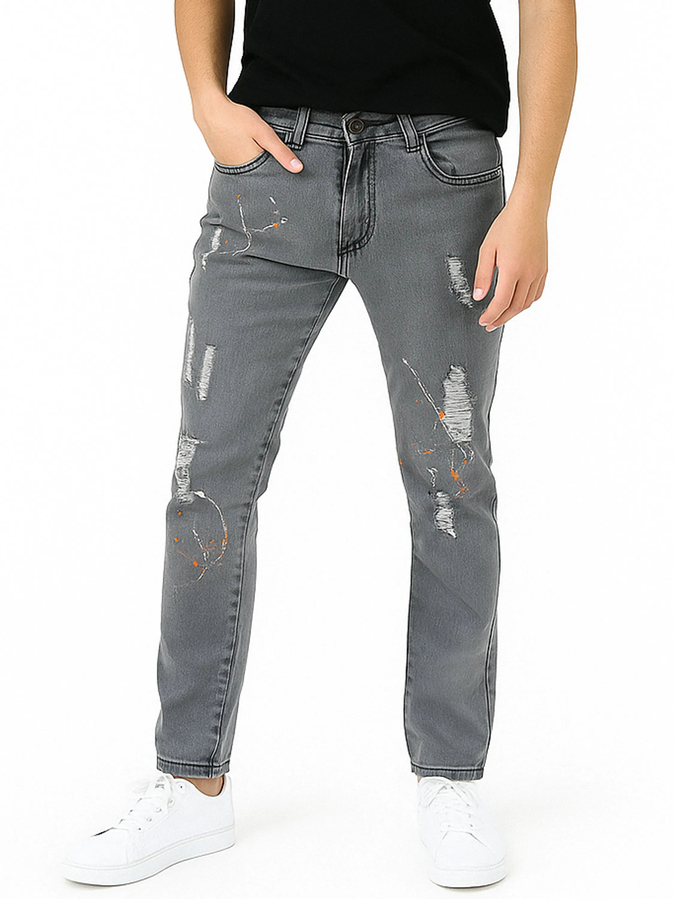 Calça Jeans Masculina Jogador Rasgada Cinza Laranja