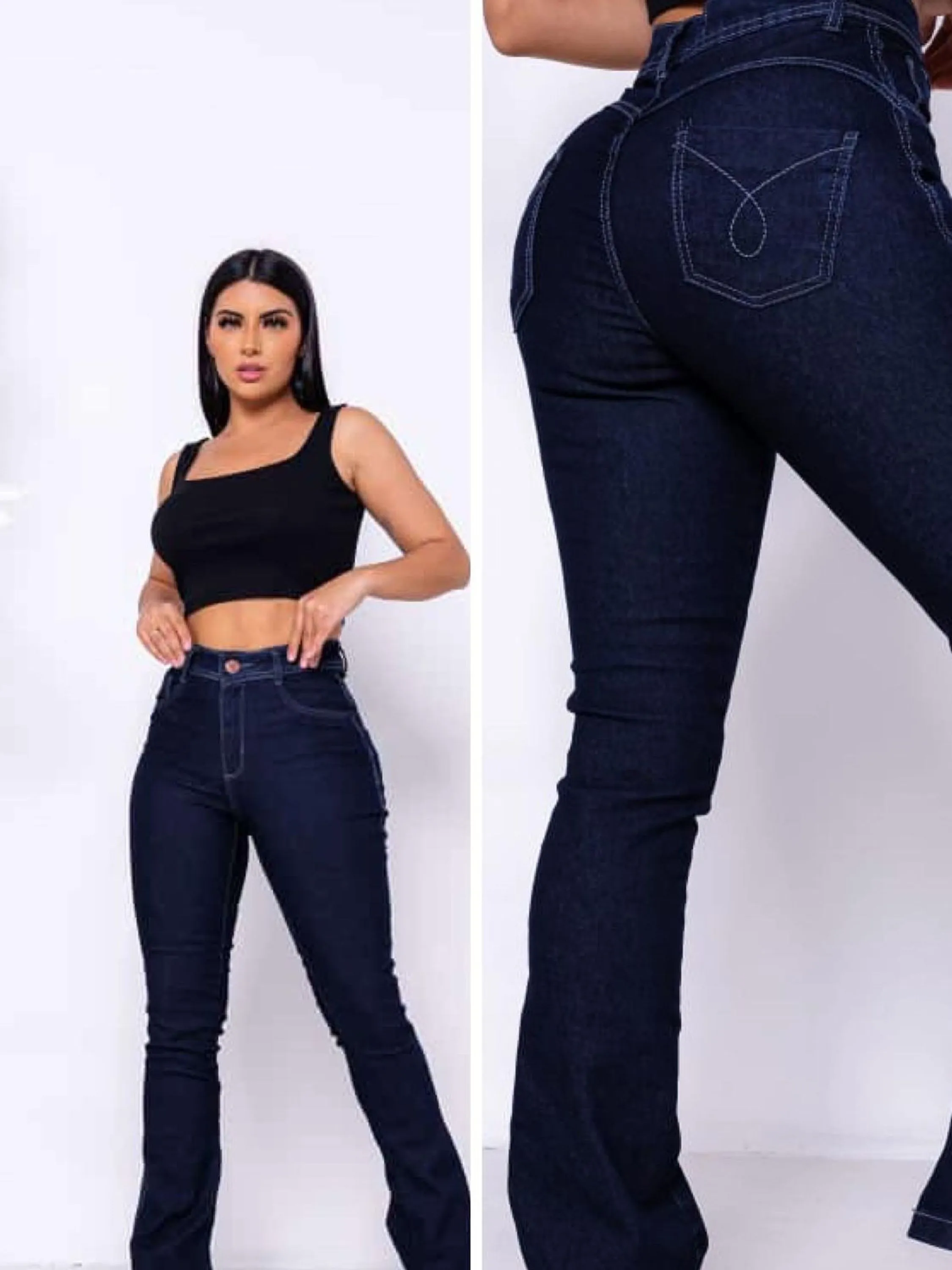 Calça jeans feminina modelo flare lavagem escura com elastano