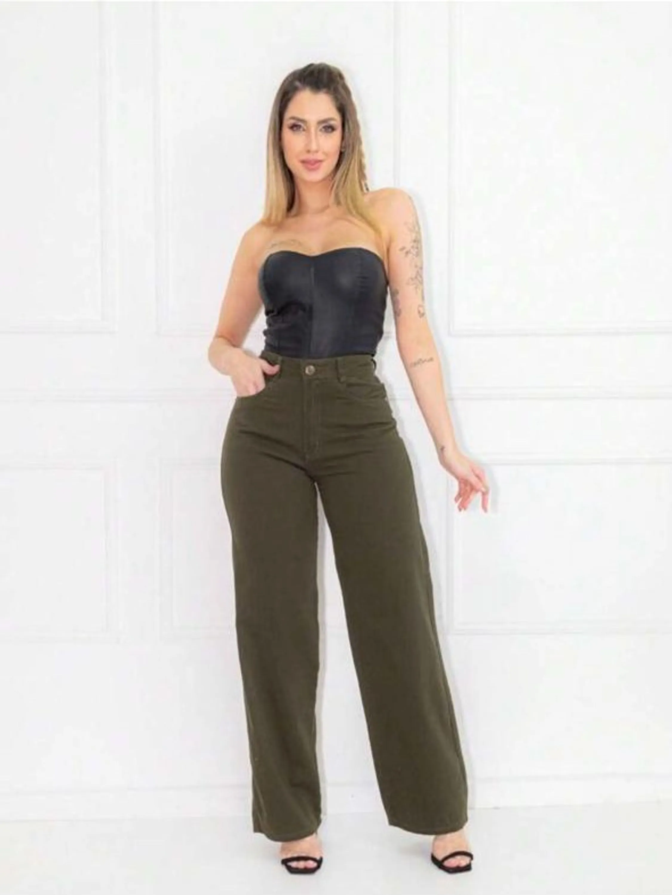 Calça jeans feminina pantalona verde militar