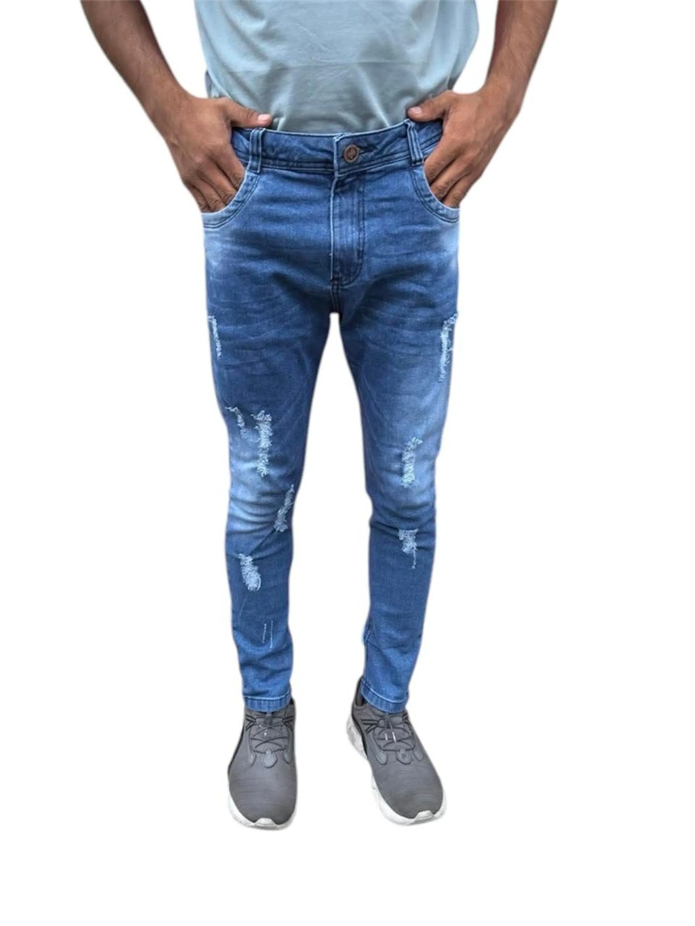 Calça masculina jogador rasgado lavagem média