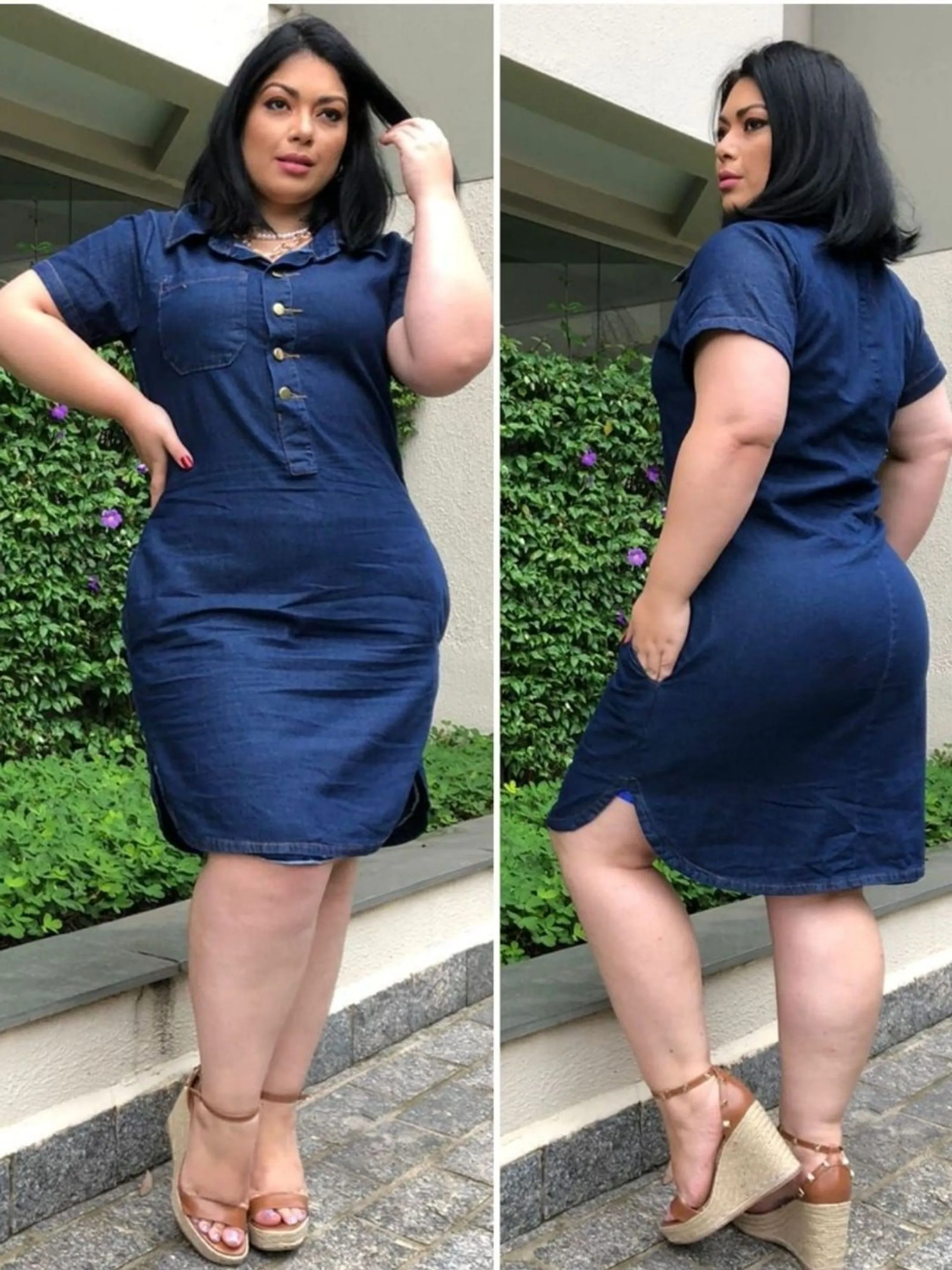 Vestido jeans plus size meio botão