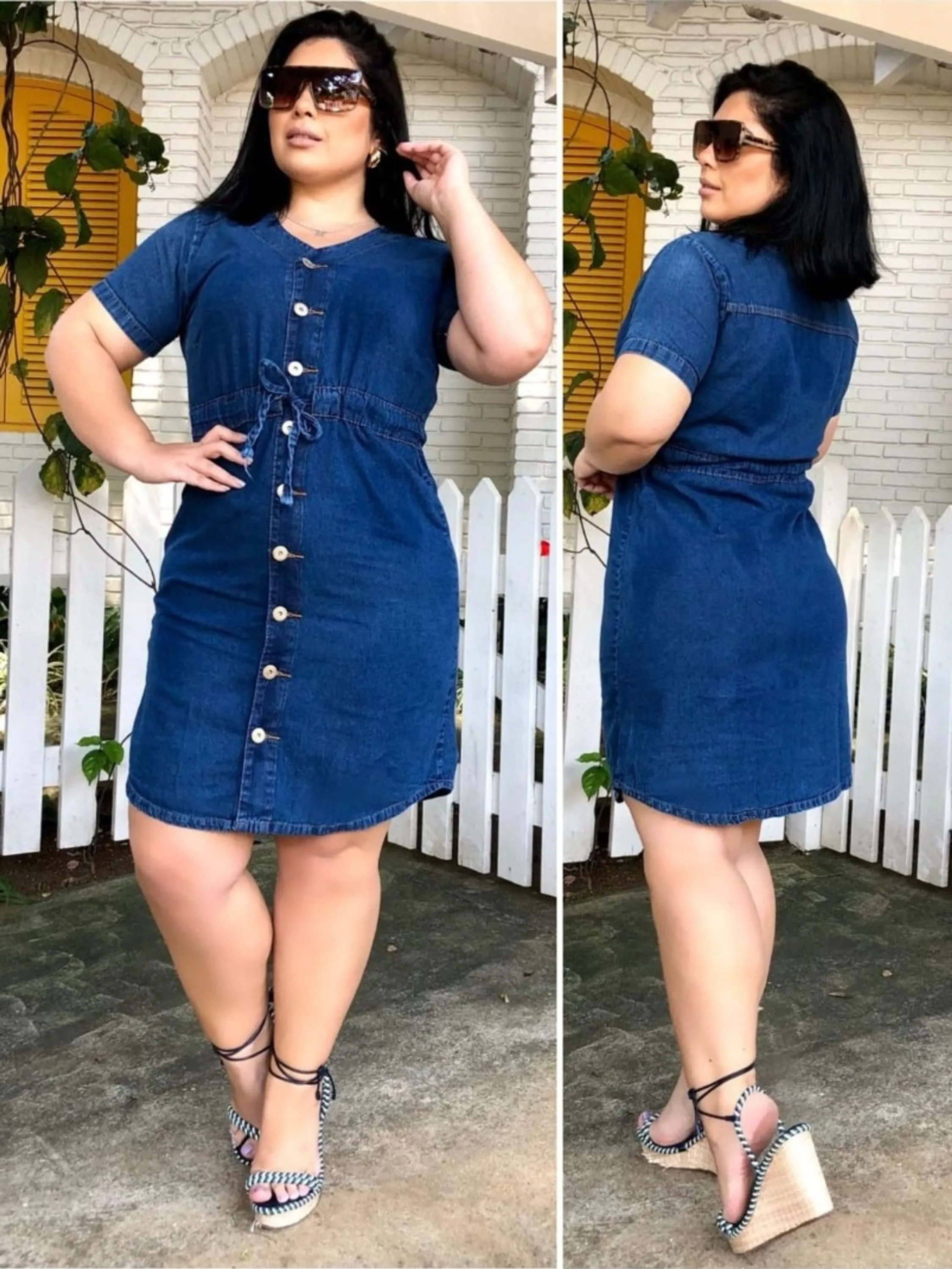 Vestido Jeans plus size botão cinto