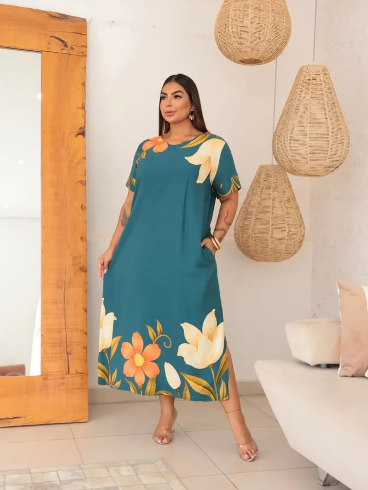 Vestido longo com bolso plus size H