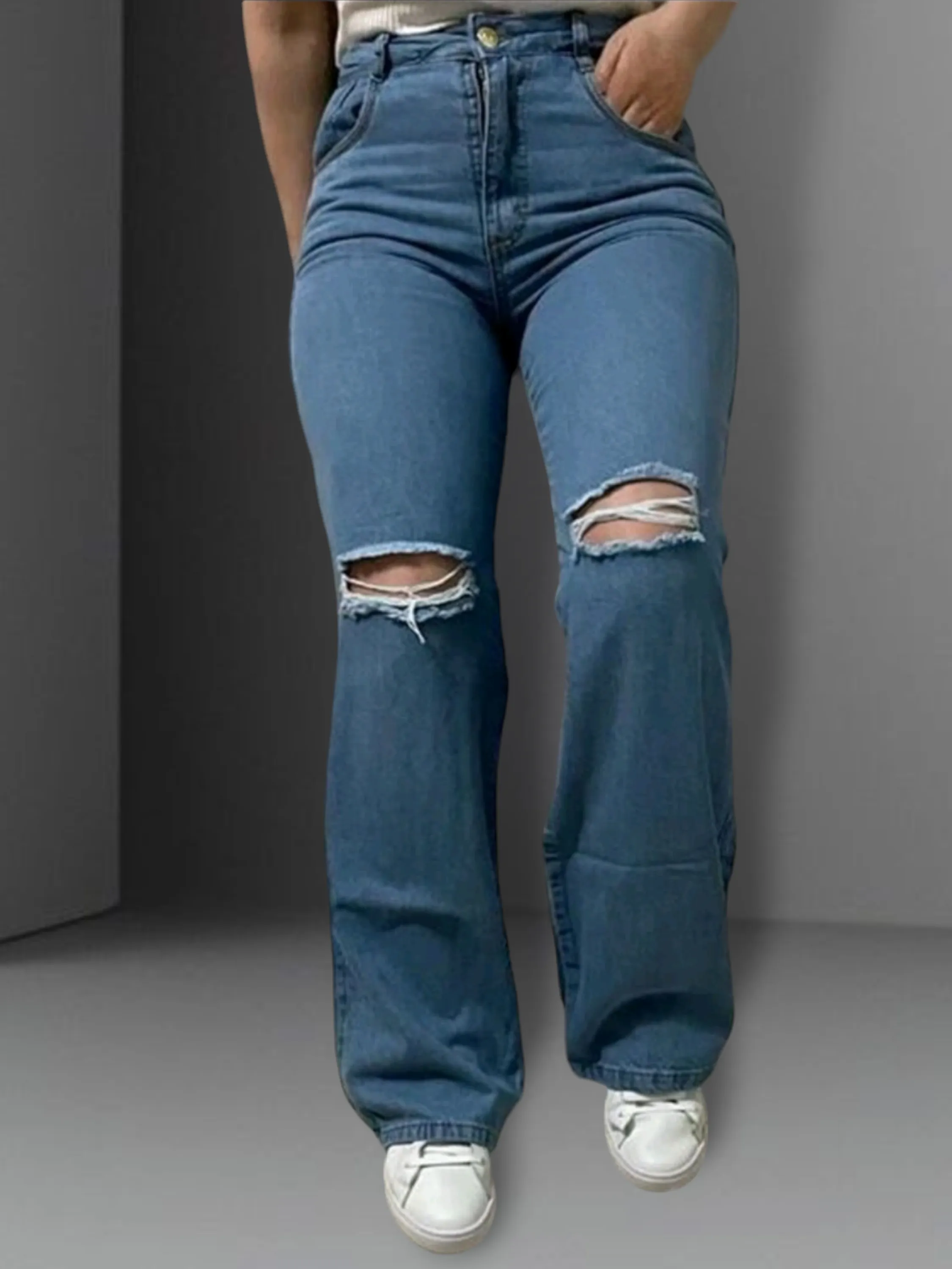 Wide leg jeans pantalona feminina rasgada no joelho