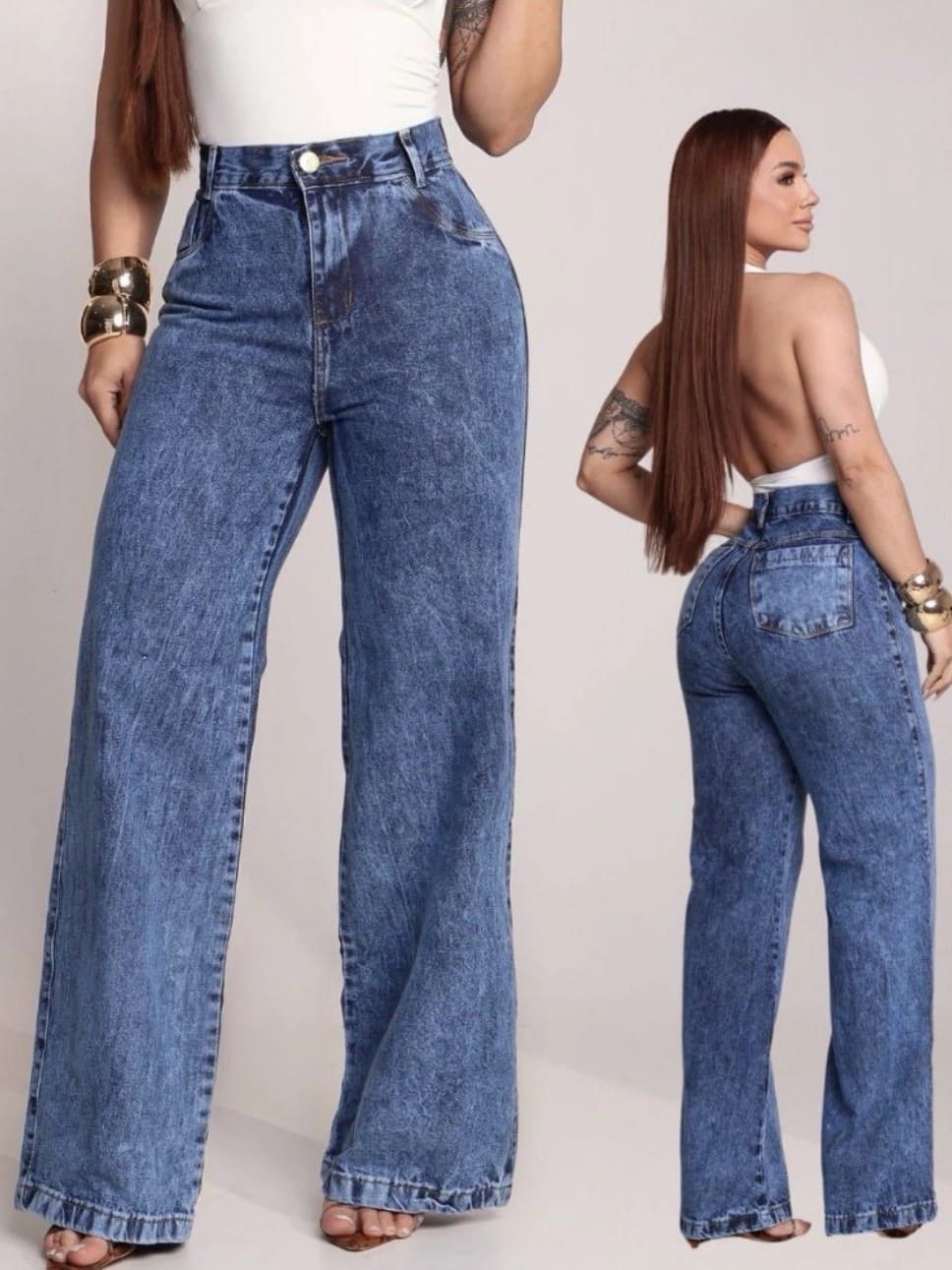 Calça wide leg marmorizada jeans feminina