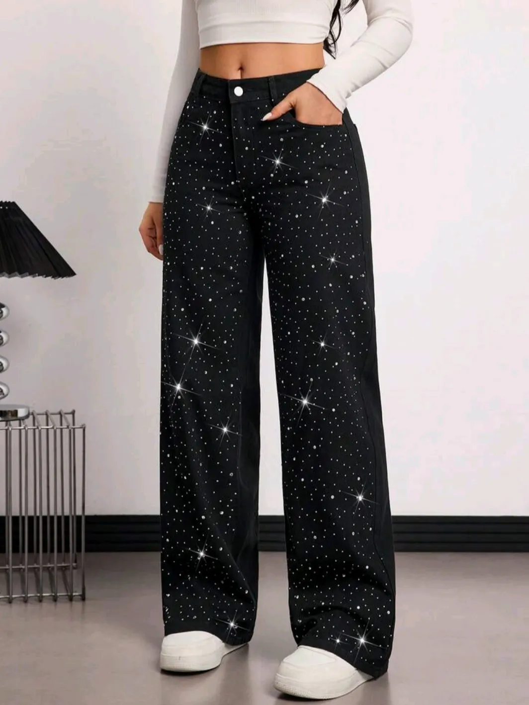 Wide leg com brilho jeans feminina cor preta