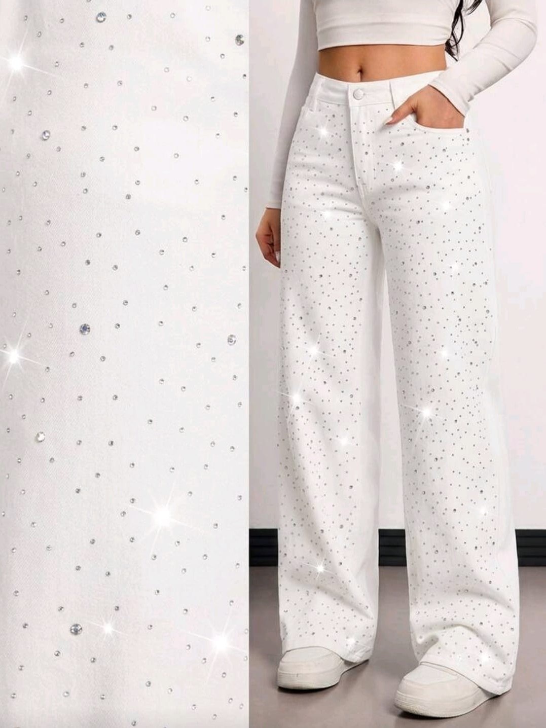 Calça wide leg jeans branca pantalona feminina com brilho