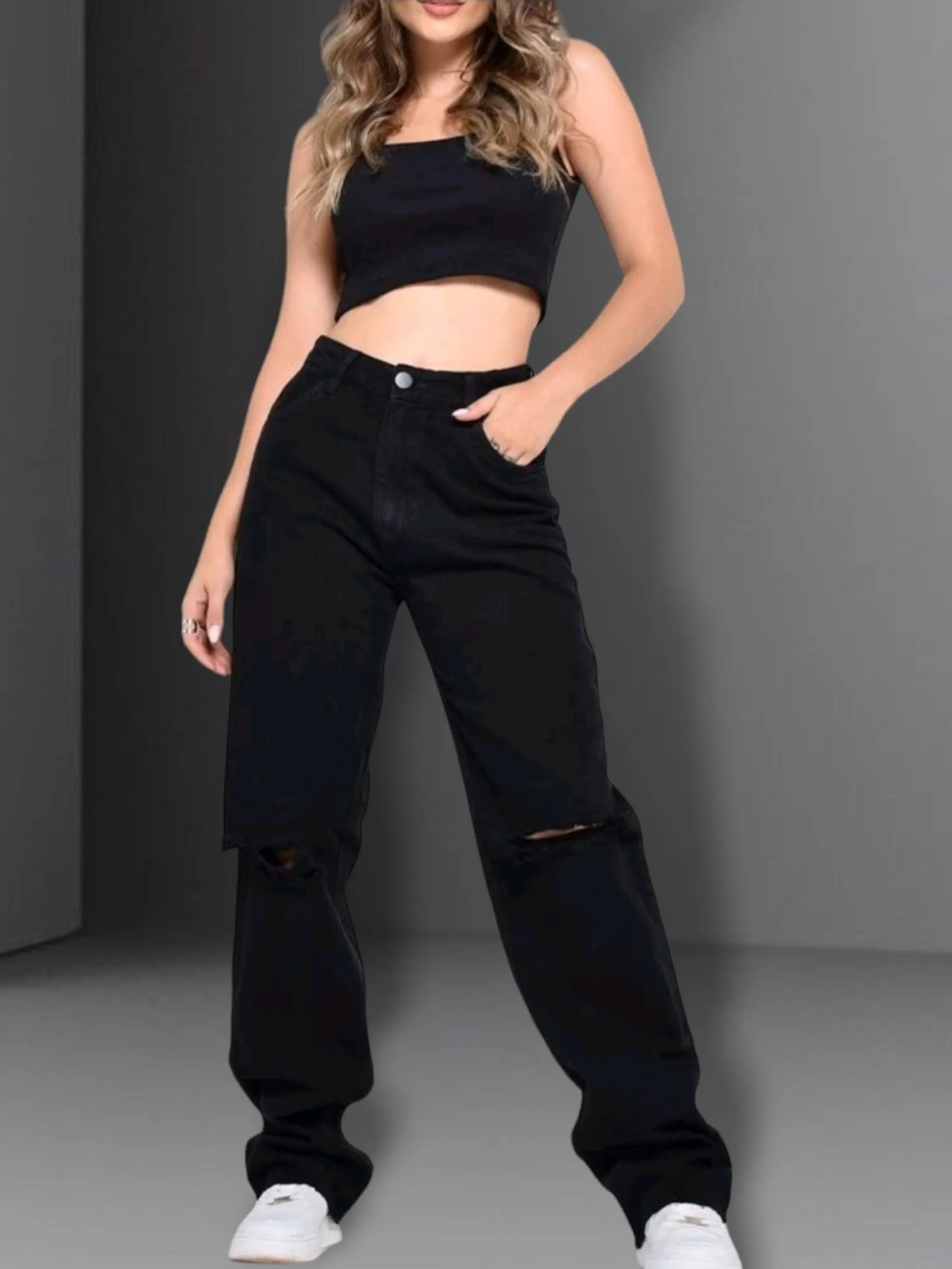 Wide leg black jeans preta pantalona feminina