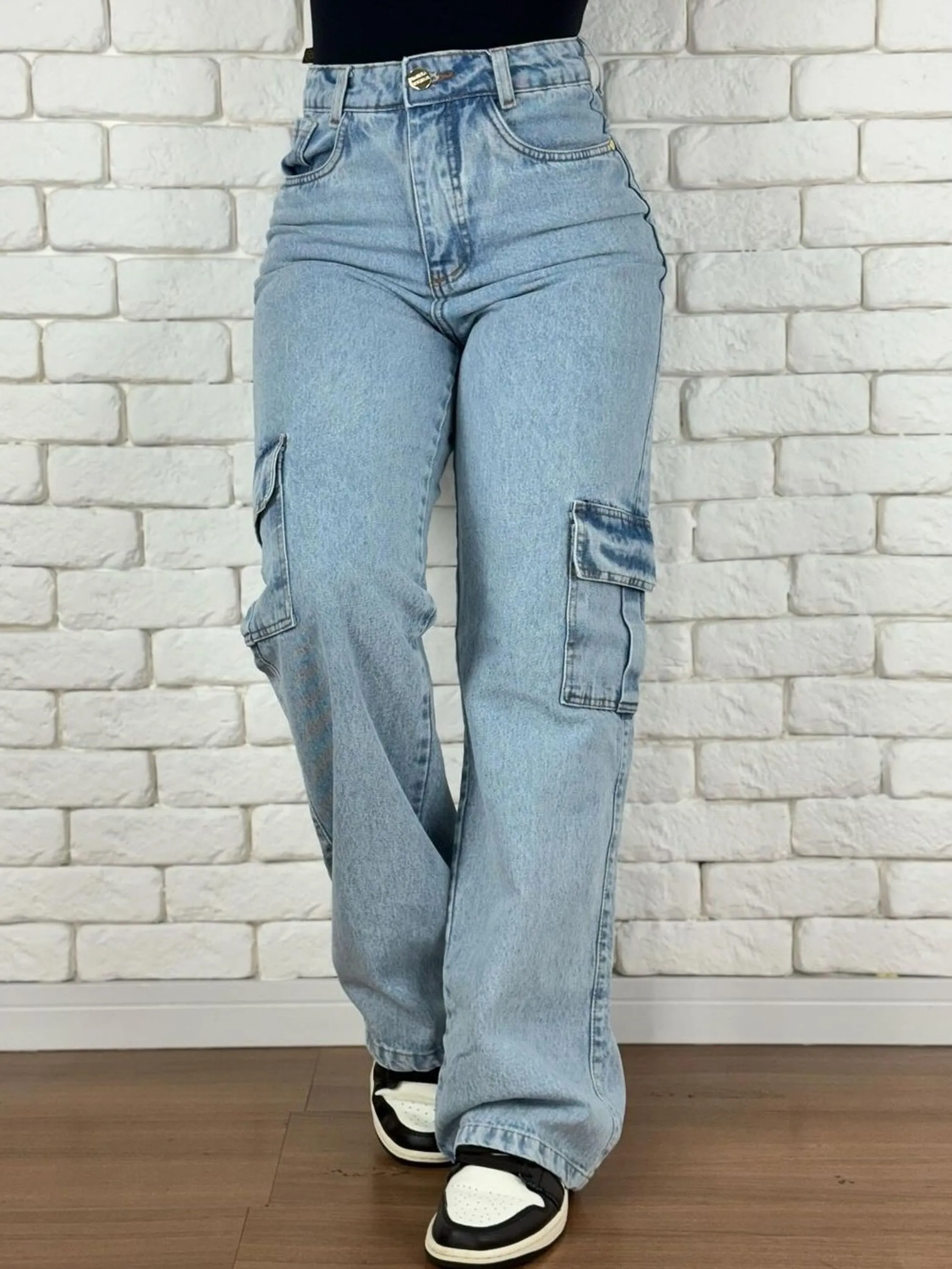 Cargo wide leg jeans pantalona feminina