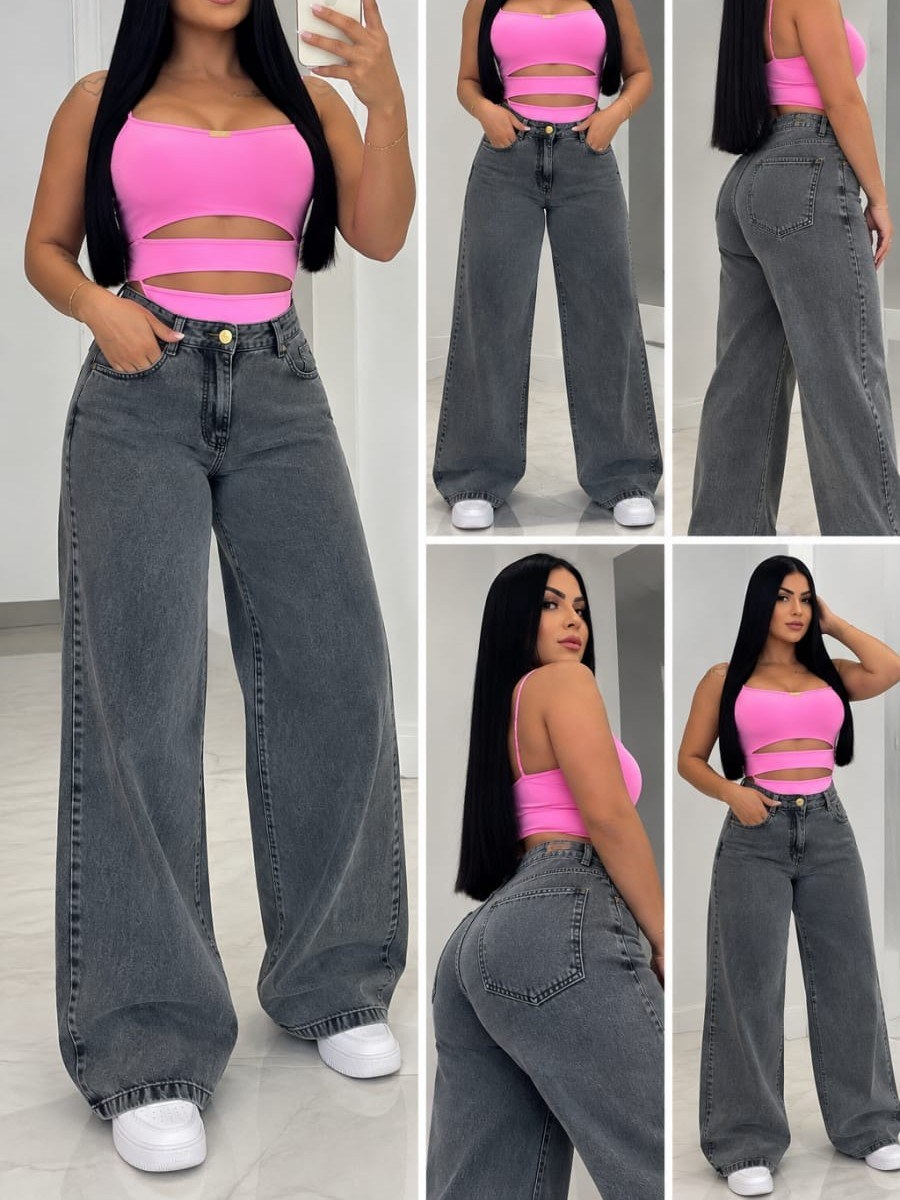 Wide leg jeans grafite pantalona feminina