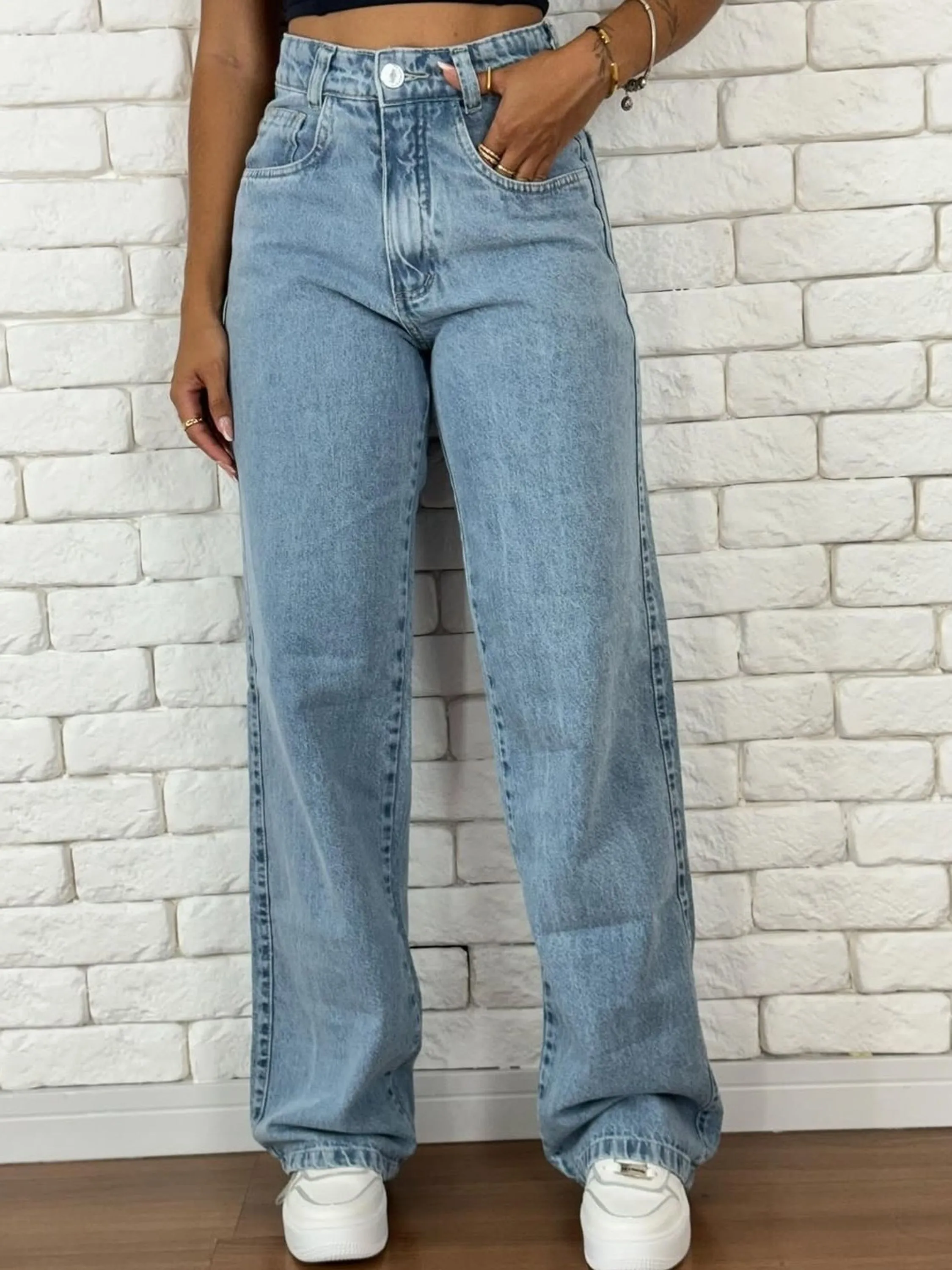 Calça wide leg jeans pantalona feminina