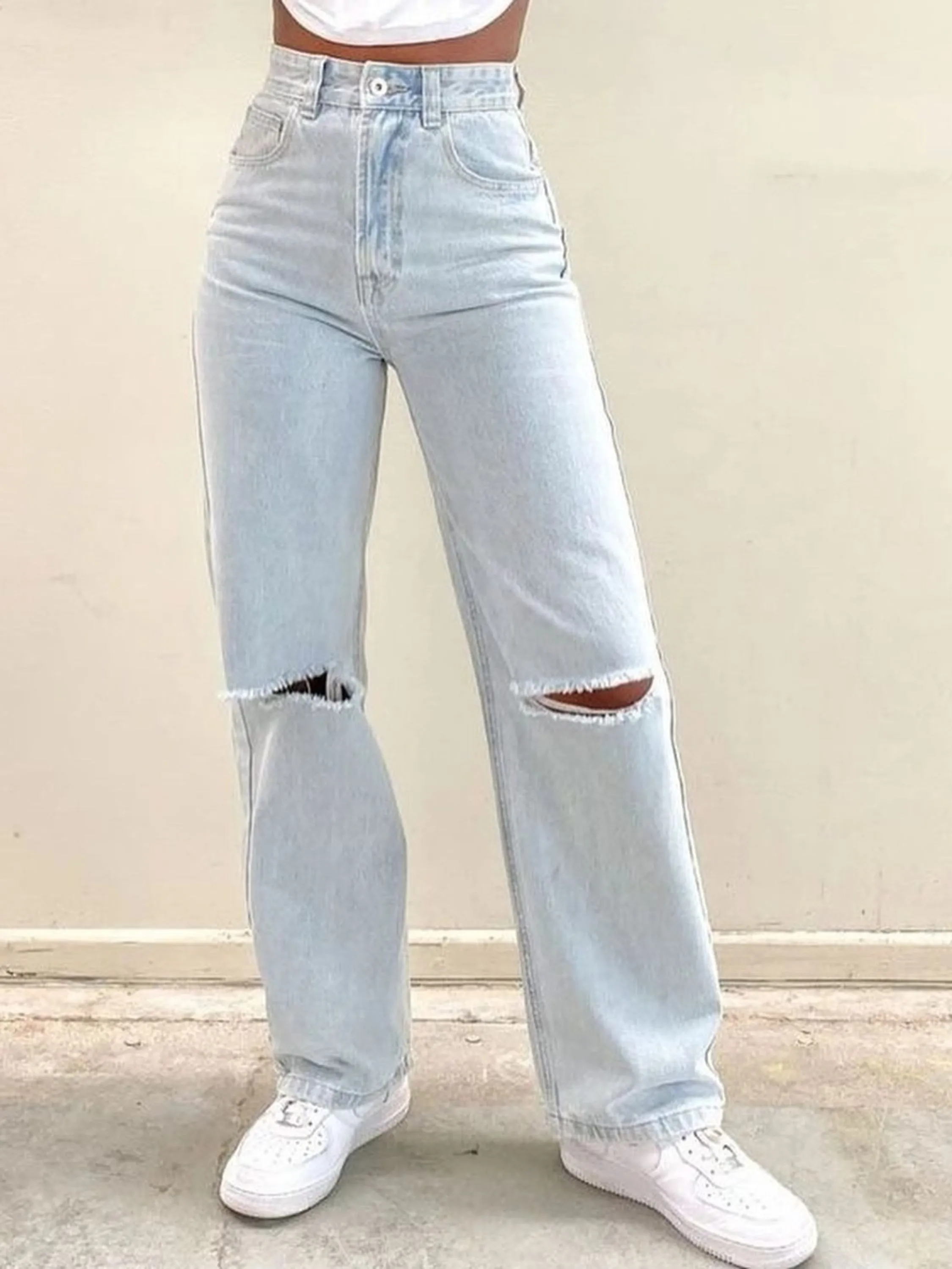 Wide leg jeans pantalona feminina rasgada no joelho