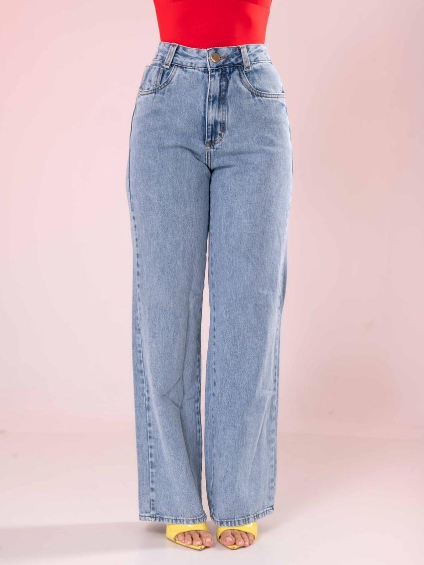 Calça wide leg jeans pantalona feminina