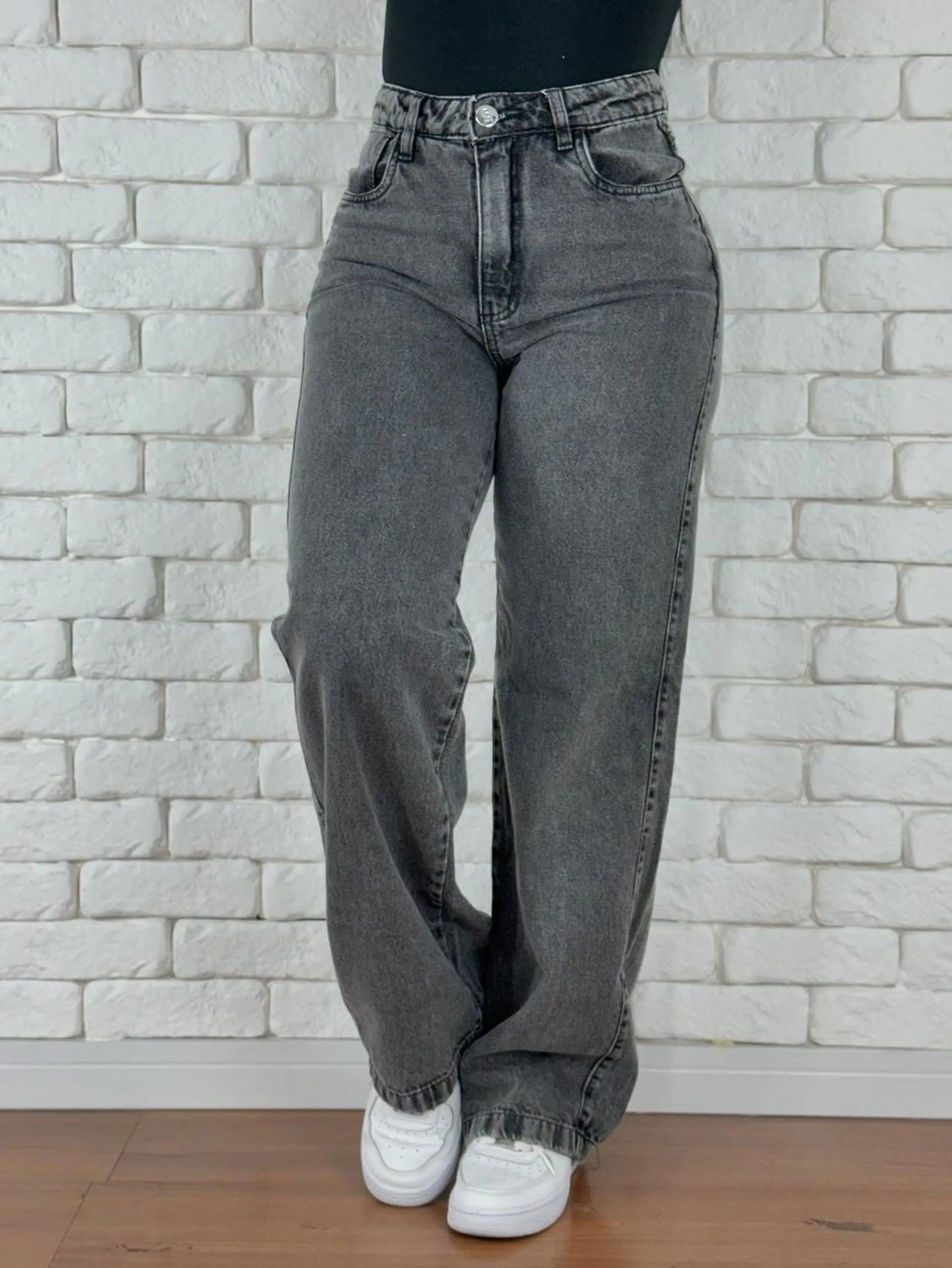 Wide leg grafite jeans cinza pantalona feminina