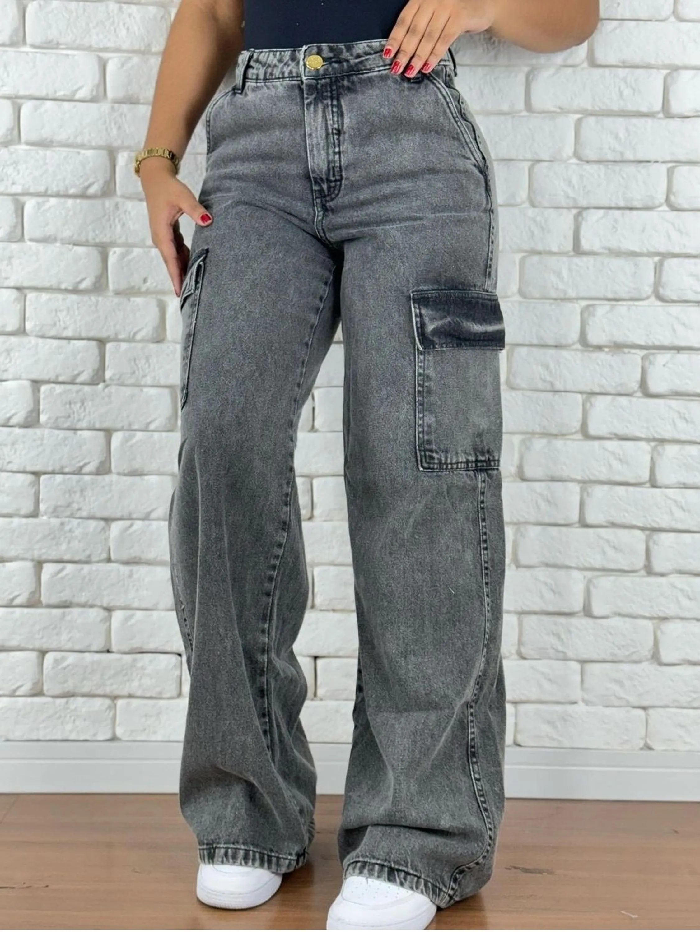 Cargo wide leg grafite jeans pantalona feminina