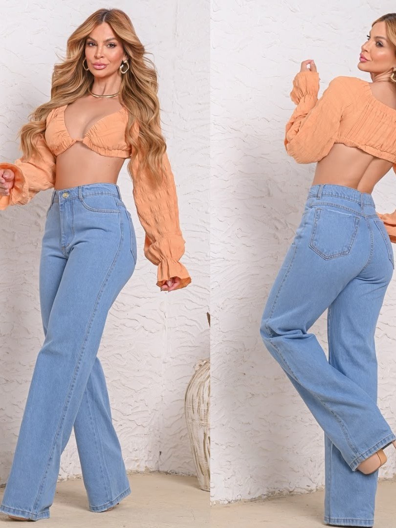 Calça wide leg jeans pantalona feminina