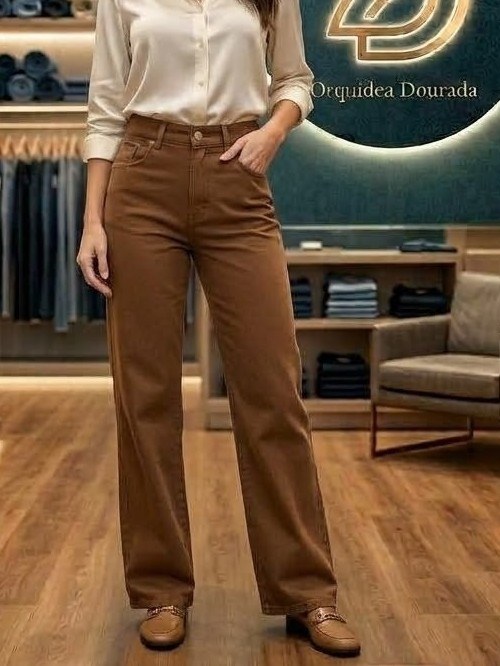 Wide leg marrom jeans feminina