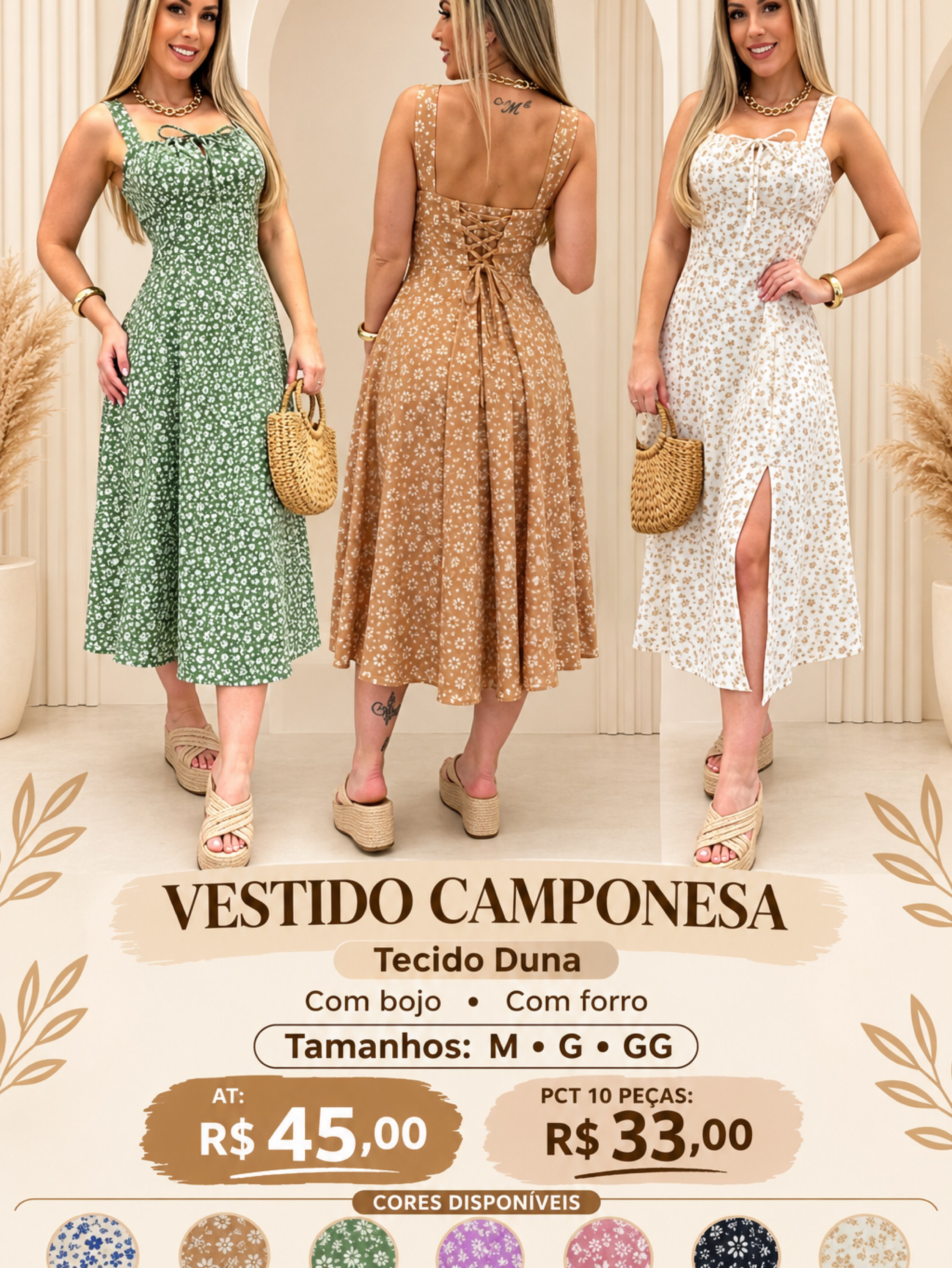 Vestido camponesa com bojo e foro regulagem em tamanhos
