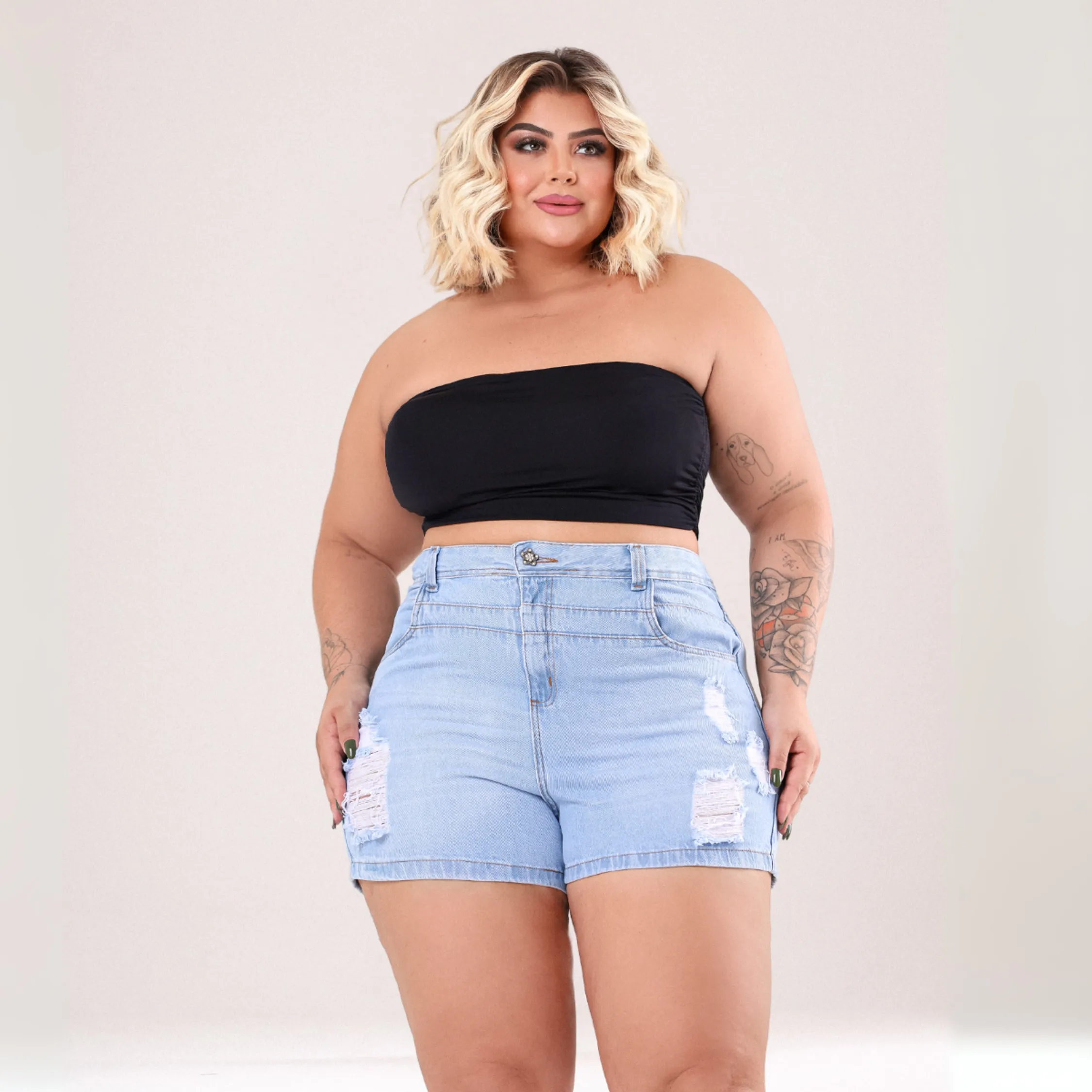 Kit 2 Short Jeans Plus Size Cintura Alta Meia Coxa Algodão