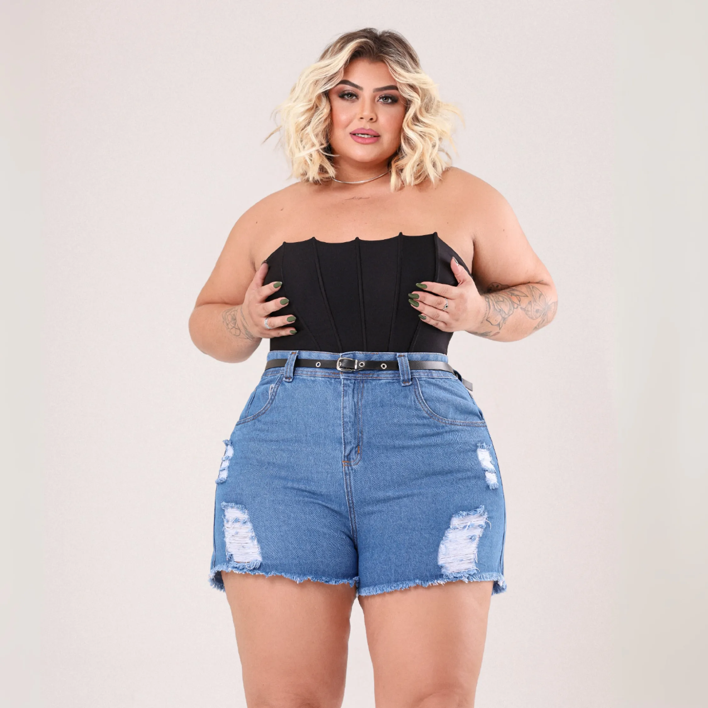 Kit 2 Shorts Jens Plus Size Cintura Alta Meia Coxa Feminino