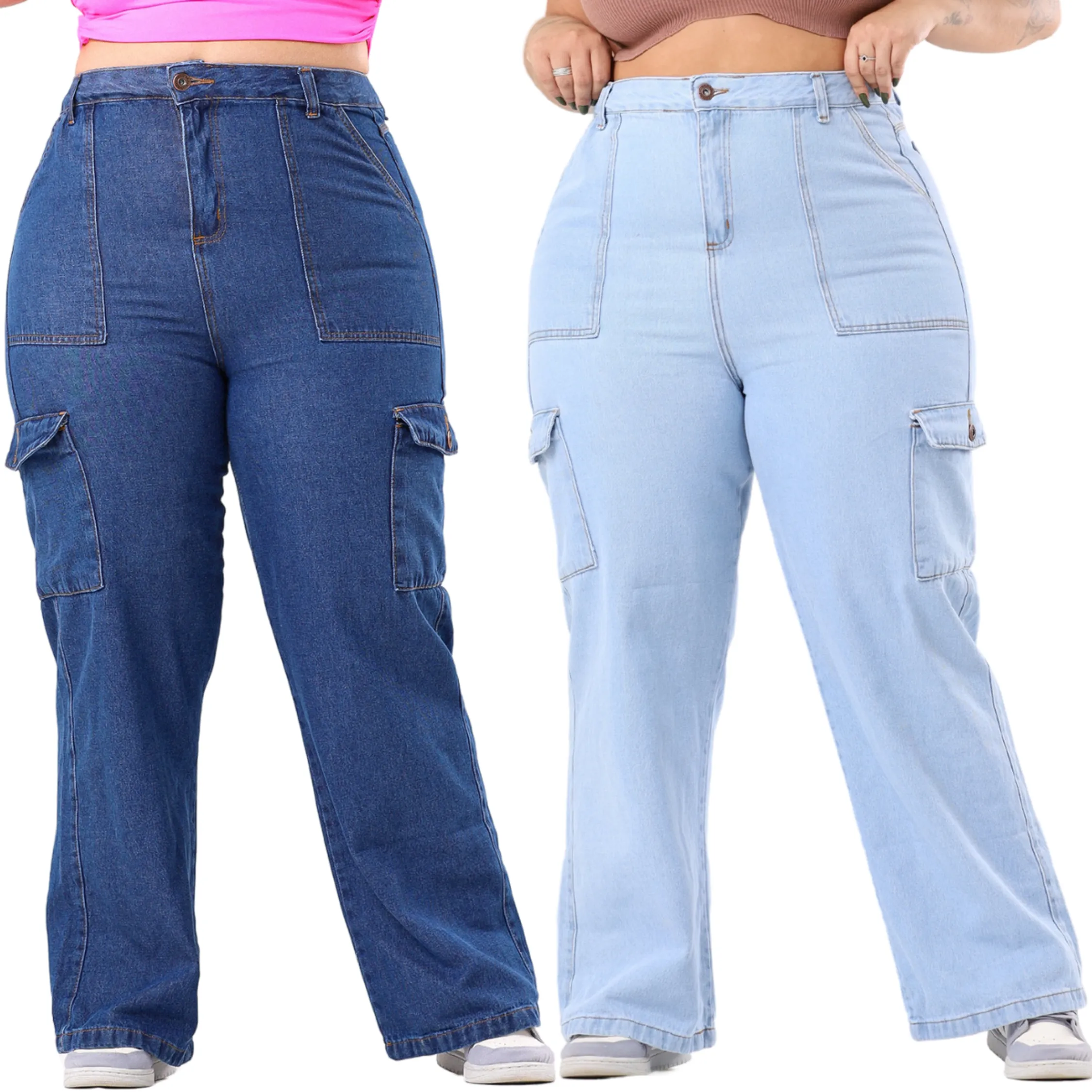 Kit Duas Calças Jeans Feminina Wide Leg Plus Size