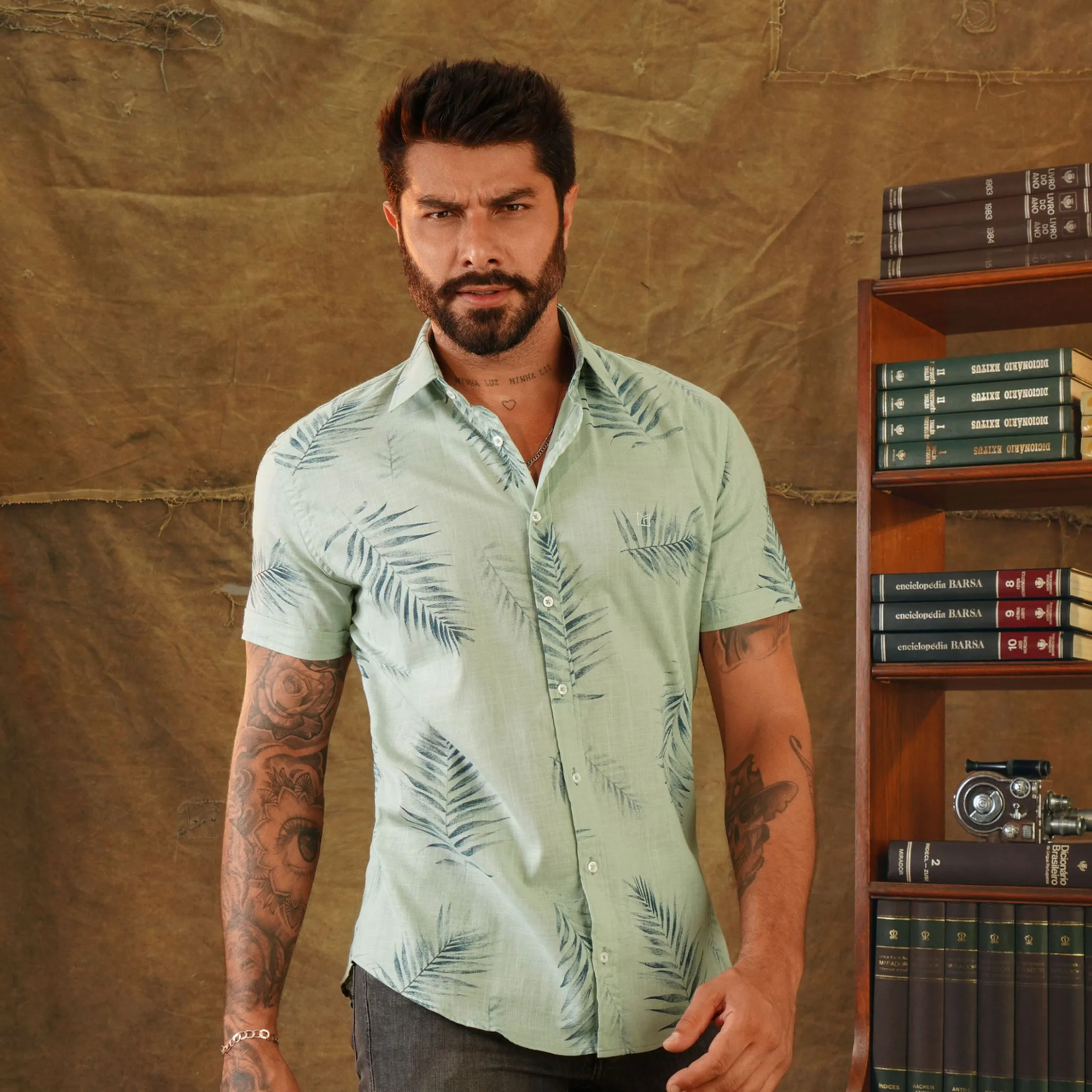 Camisa de Manga Curta SLIM ESTAMPADA LINHO FLAMÊ