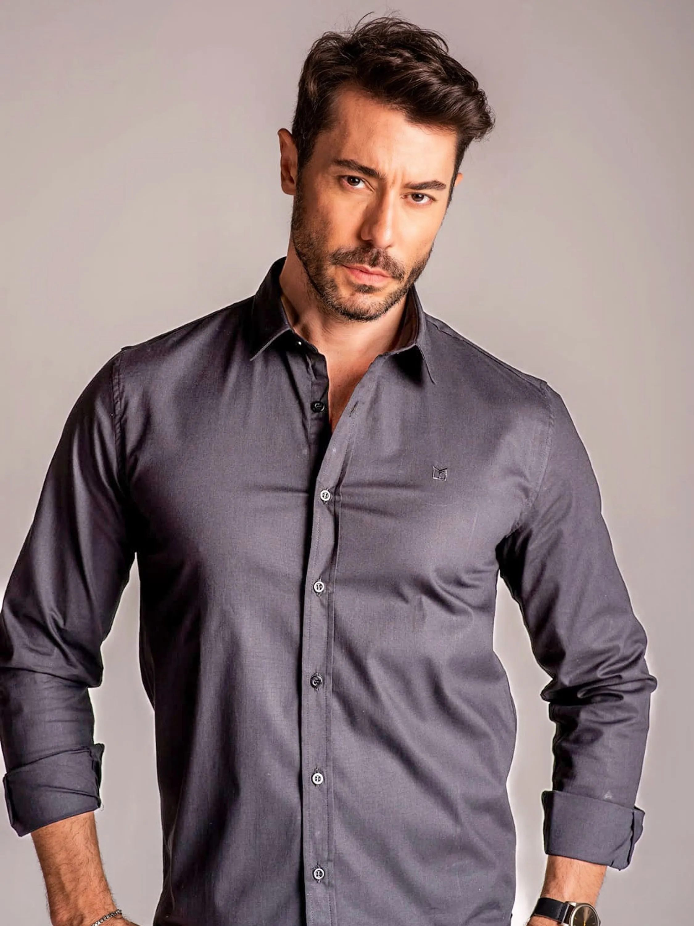 Camisa Manga Longa  Slim TRICOLINE PREMIUM C/ ELASTANO CINZA CHUMBO