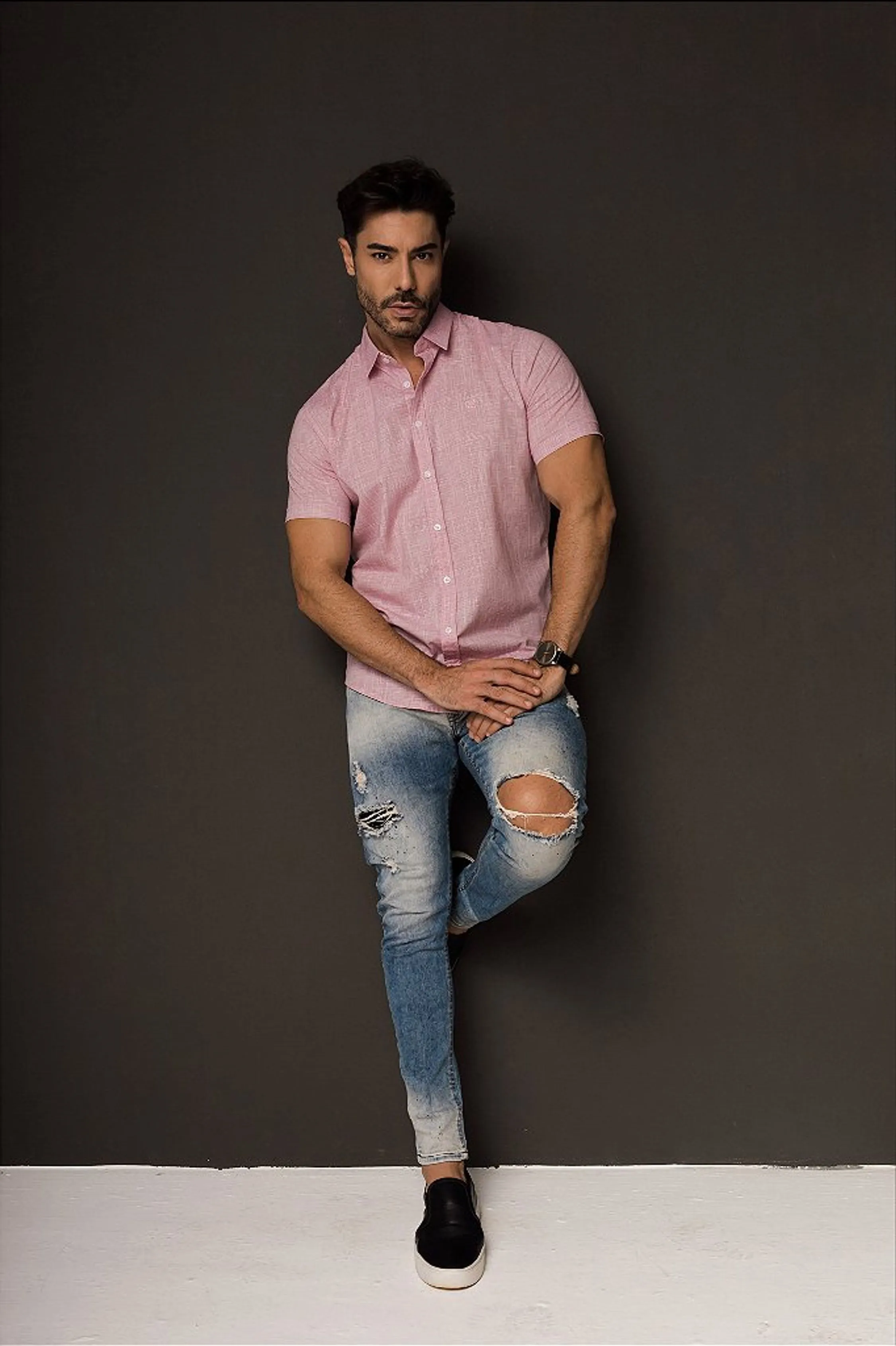 Camisa de Manga Curta SLIM LINHO FLAMÊ ROSA